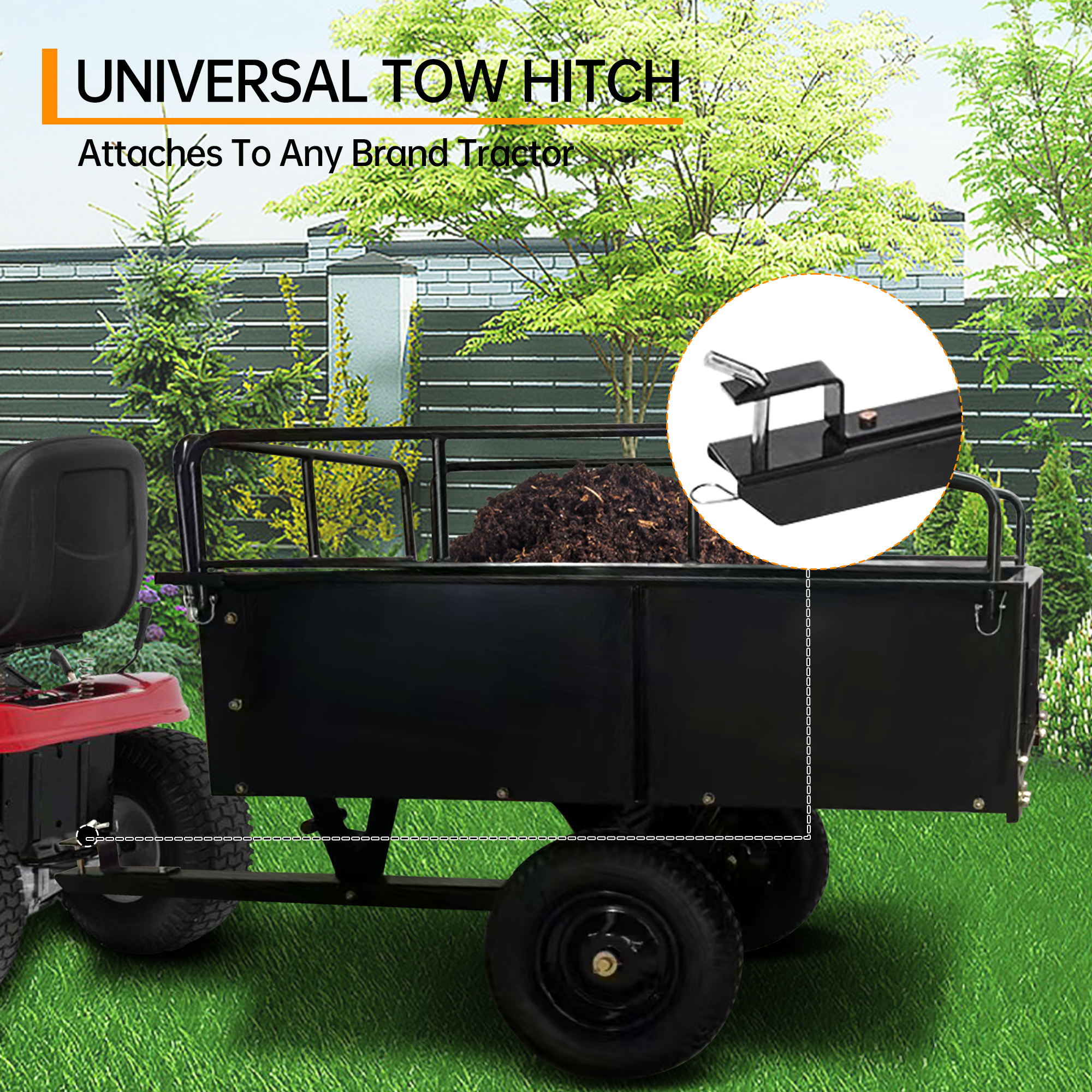 Garvee Tow-Behind Dump Cart for ATV, UTV and Lawn Tractor, 750 lbs Capacity, 15 Cu. Ft. Steel Trailer with Removable Sides and All-Terrain Tires