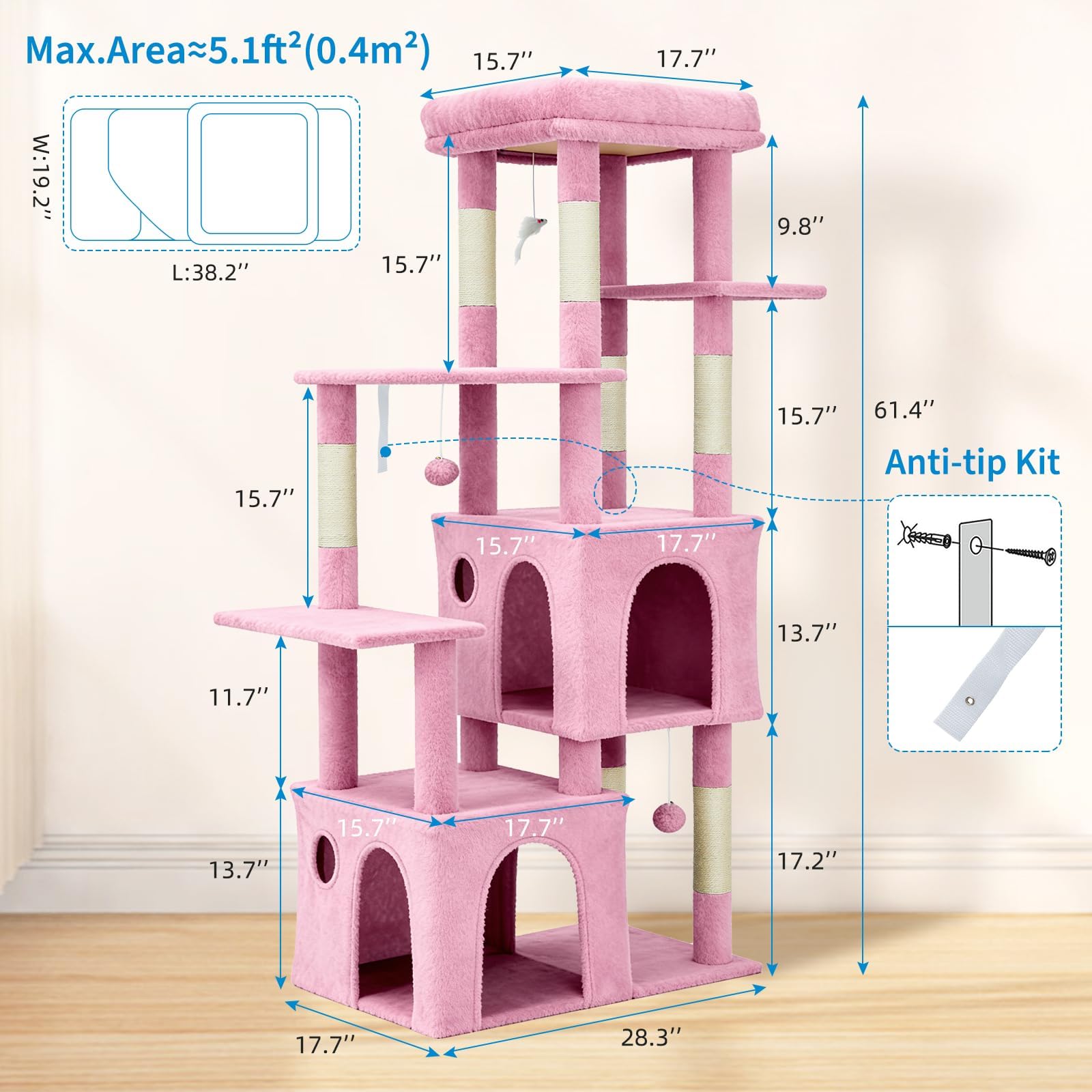 Garvee 61" Multi-Level Cat Tree for Indoor Cats, Heavy-Duty Tower for Large Adult & Maine Coon Cats with Oversized Perch, Dual Condos, Natural Sisal Scratching Posts & Play Toys – Pink