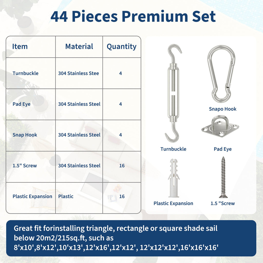 Garvee Sun Shade Sail Hardware Kit 6 Inch for Rectangle Shade Sail Install, Stainless Steel Shade Sail Fixing Accessories for Outdoor Patio Canopy Garden, Heavy Duty Awning Attachment Set (40 Pcs)