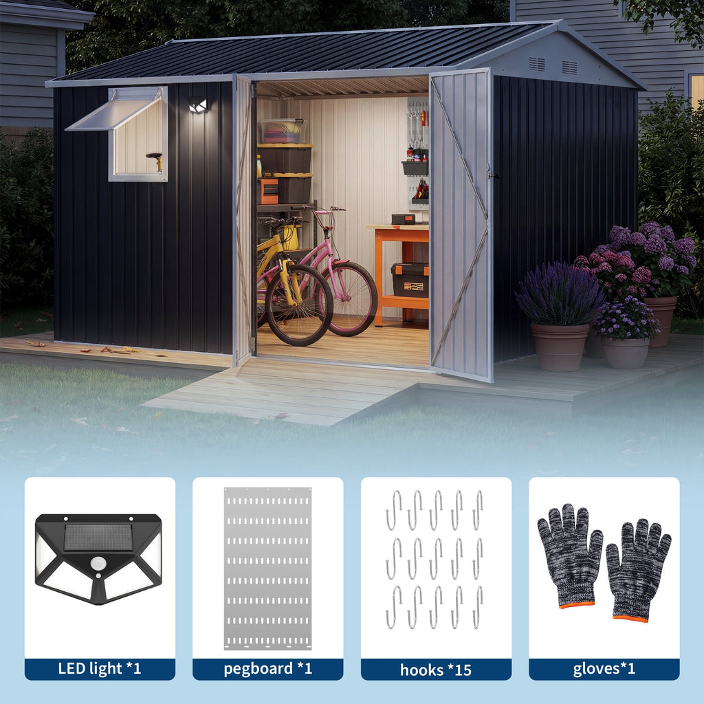 Garvee 10x8FT Black Metal Outdoor Storage Shed with Pushable Window, LED Light & Pegboard, Lockable Double Doors, Sloping Roof, Ventilation, Corrosion-Resistant Steel Garden Tool Shed for Patio, Backyard & Garage
