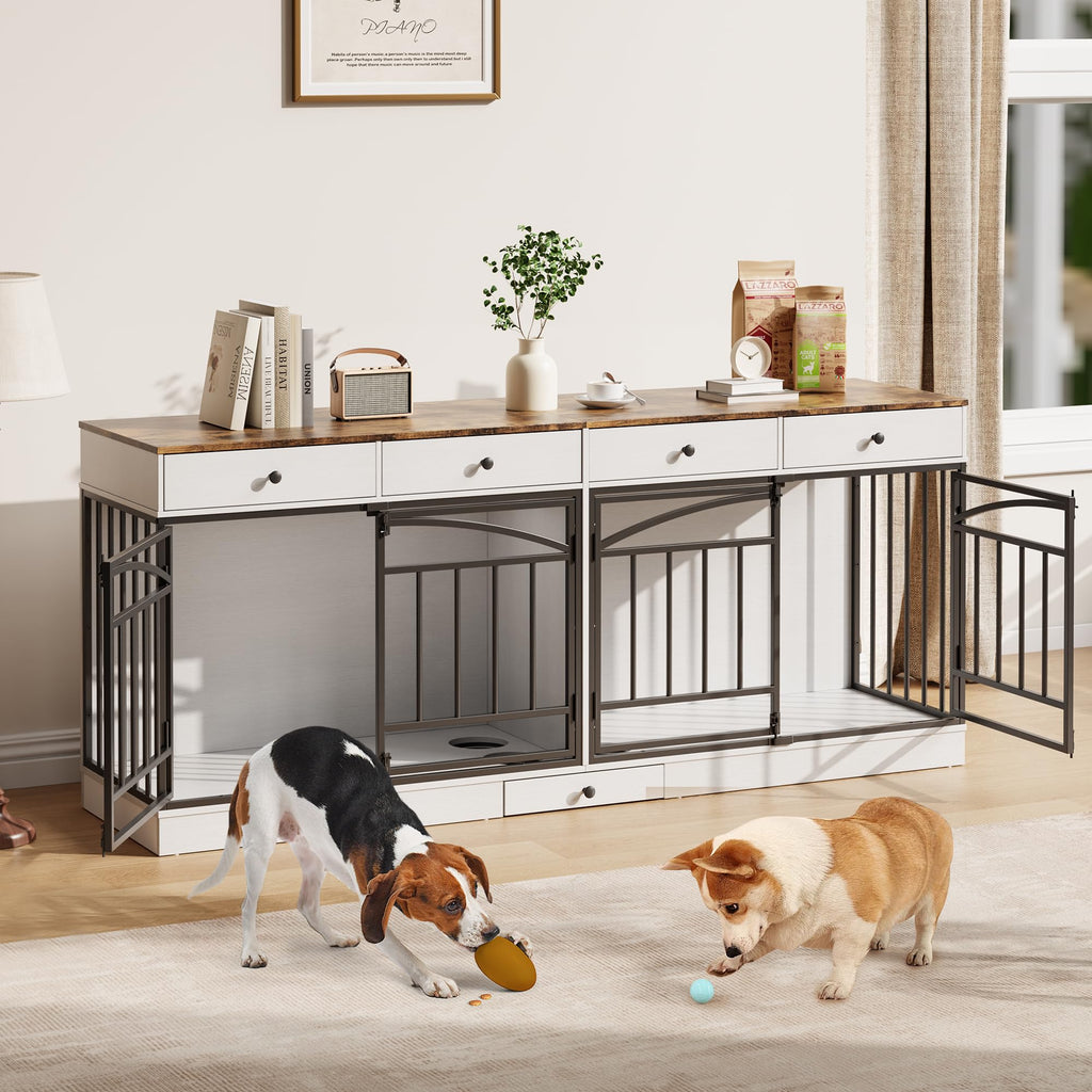 Garvee 78.7" Double Dog Crate Furniture with Storage and 4 Doors, Dog Kennel Indoor with Feeding Bowls, Wood Dog Crate TV Stand for Small Medium Dogs, White&Brown Top