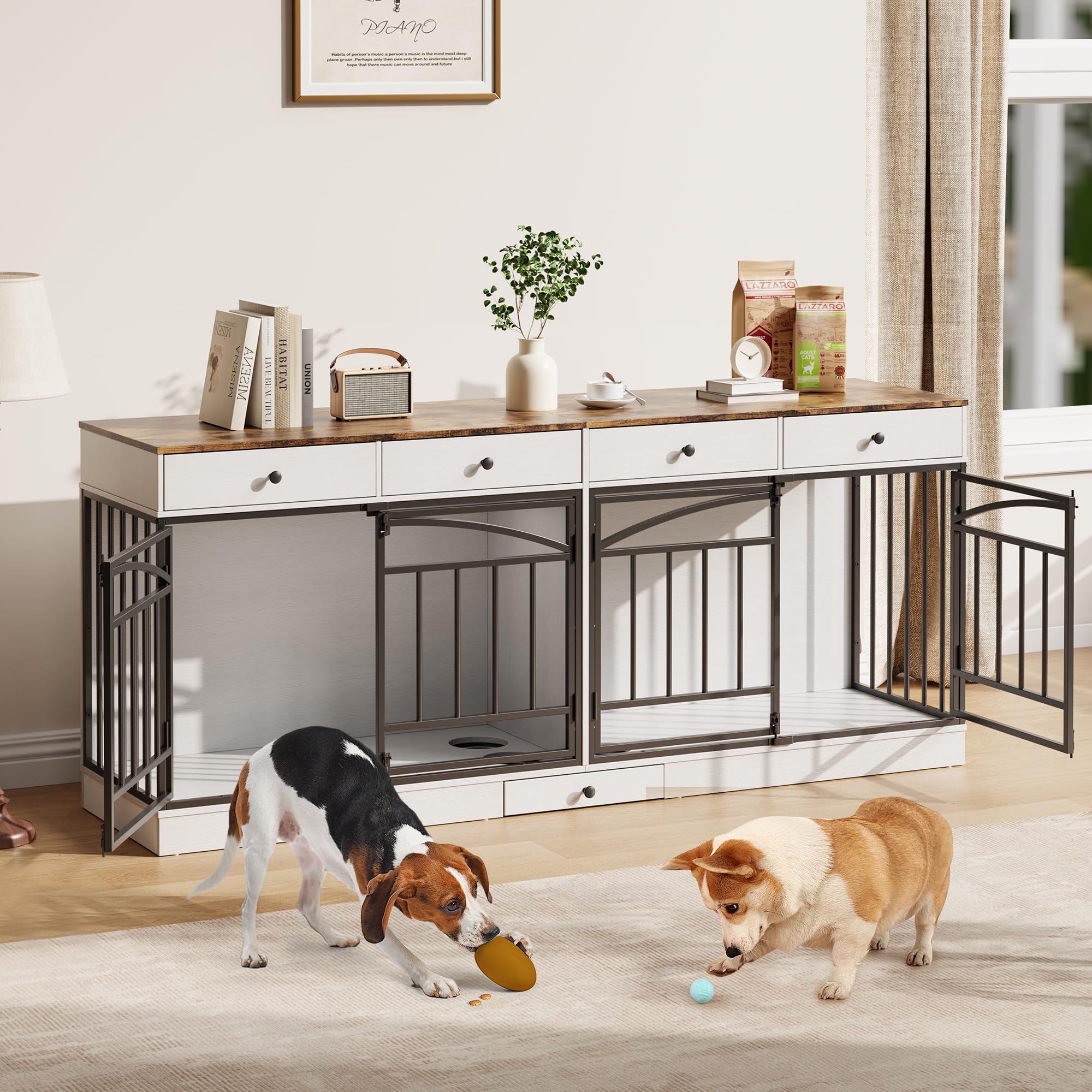 Garvee 78.7" Double Dog Crate Furniture with Storage and 4 Doors, Dog Kennel Indoor with Feeding Bowls, Wood Dog Crate TV Stand for Small Medium Dogs, White&Brown Top