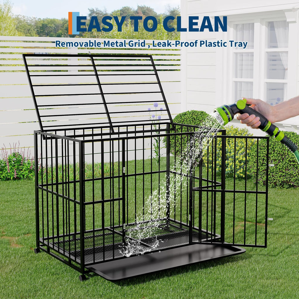 Garvee 42 Inch Dog Crate for Medium Sized Dogs, Heavy Duty Stainless Steel Dog Kennel Escape-Proof with Wheels and Removable Tray, Indestructible Dog Cage Stackable for High Anxiety Dogs