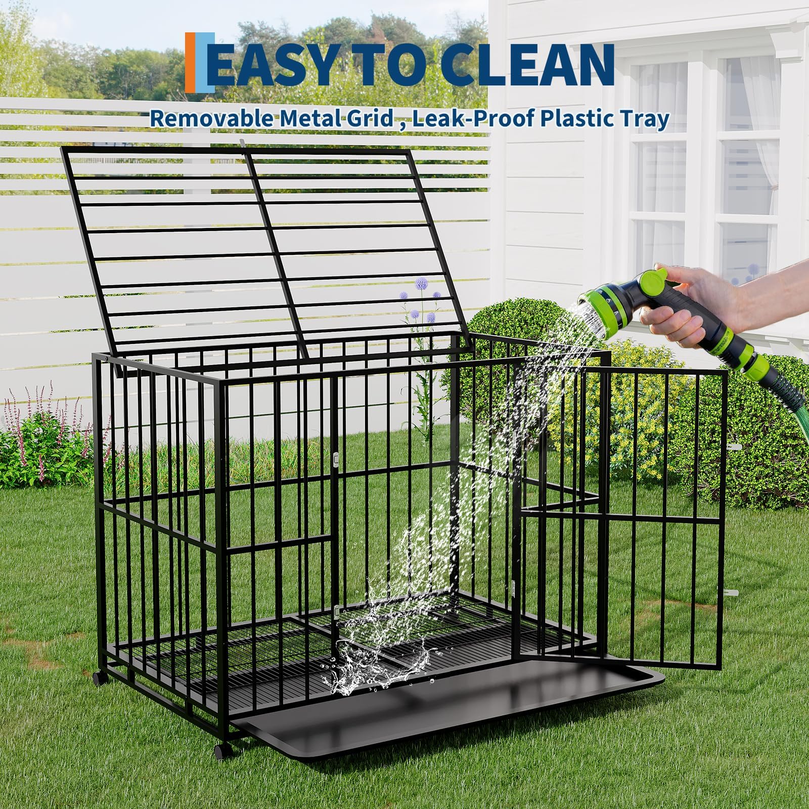 Garvee 42 Inch Dog Crate for Medium Sized Dogs, Heavy Duty Stainless Steel Dog Kennel Escape-Proof with Wheels and Removable Tray, Indestructible Dog Cage Stackable for High Anxiety Dogs