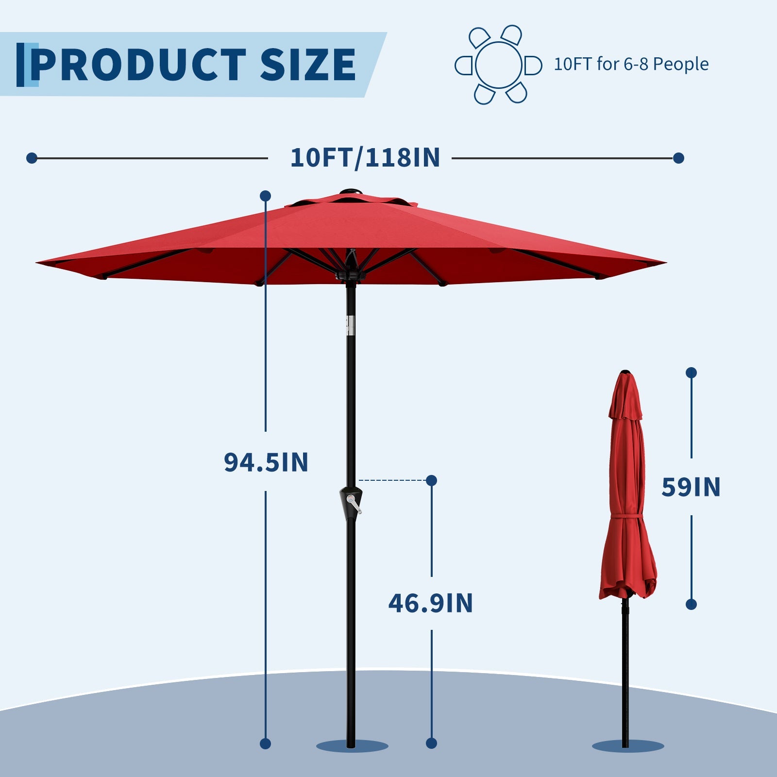 Garvee 10FT Red Patio Umbrella for Outdoor Table – UV Protection, Waterproof Market Umbrella, Smooth Crank Lift, Push Button Tilt, 8 Sturdy Ribs – For Deck, Pool, Garden, Yard