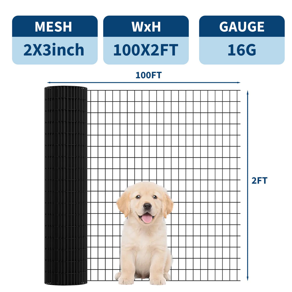 Garvee 16GA PVC Coated Welded Wire Fence, 24 Inch x 100 ft Black Vinyl Metal Wire Mesh Roll with 2x3" Mesh for Garden