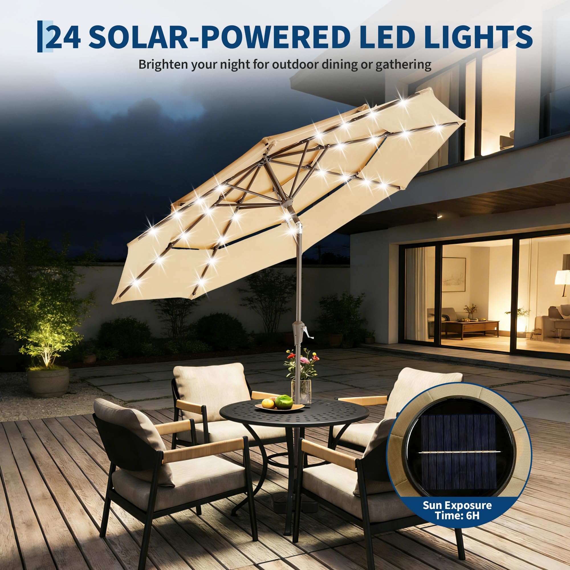 Garvee 10 FT Solar Patio Umbrella, 3-Tier Vented Canopy with 24 LED Lights, 8-Rib Steel Frame, Crank Tilt Market Umbrella for Garden, Pool & Deck, Khaki