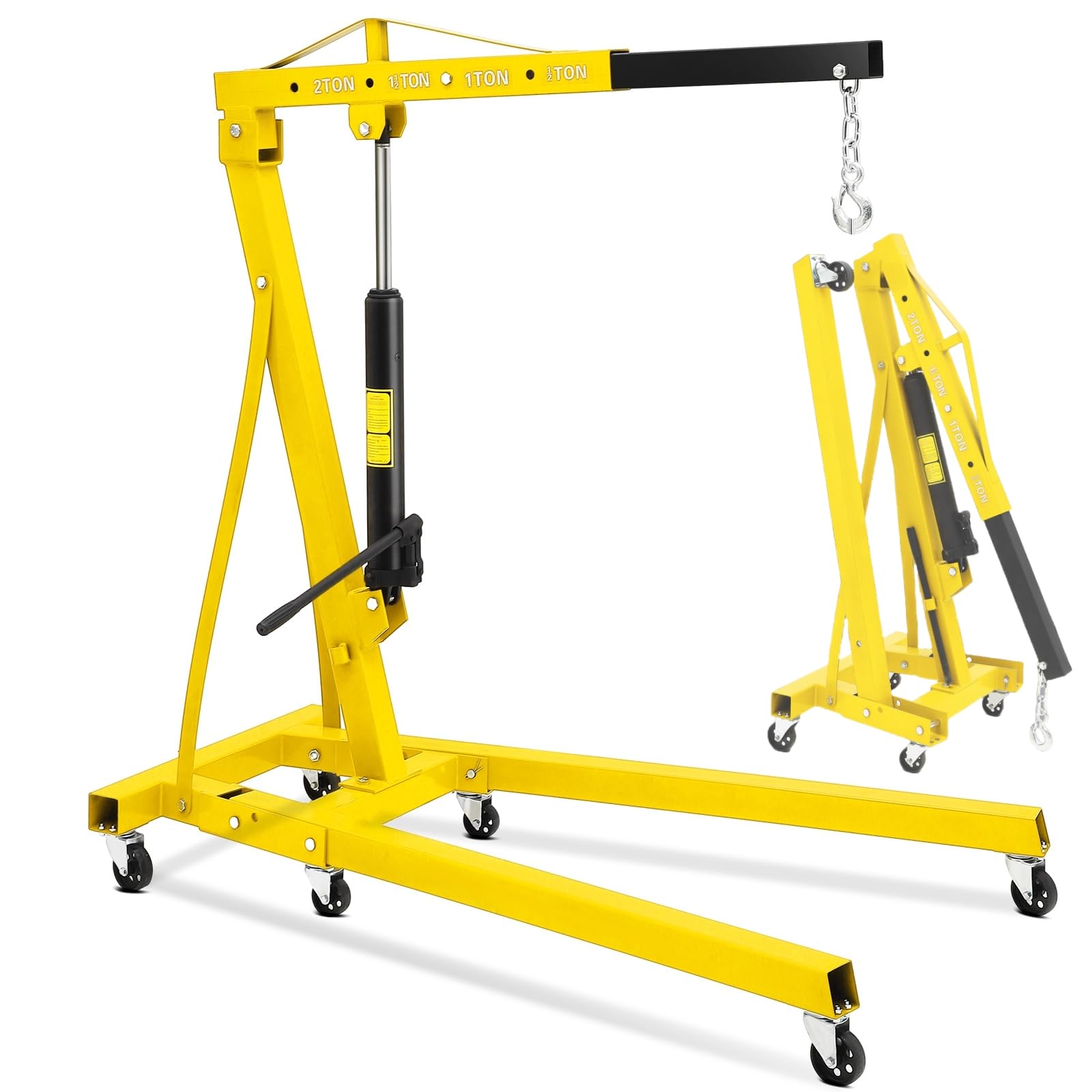 Garvee 2-Ton Engine Hoist - 4400 lbs Folding Hydraulic Cherry Picker, Heavy-Duty Shop Crane with 6 Caster Wheels and 4 Adjustable Boom Positions for Warehouse, Garage, and Workshop, Yellow