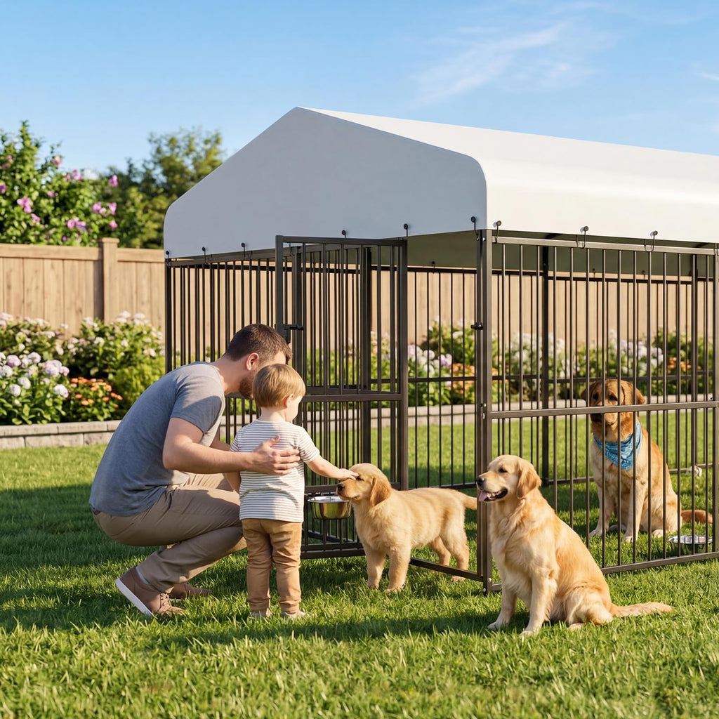 Garvee Outdoor Heavy Duty Large Dog Kennel, Walk-in Dog Cage with Metal Gate & Secure Lock, Large Dog Enclosure with Waterproof Roof, Includes Feeding Doors & Bowls for Backyard, 10x20x6 ft