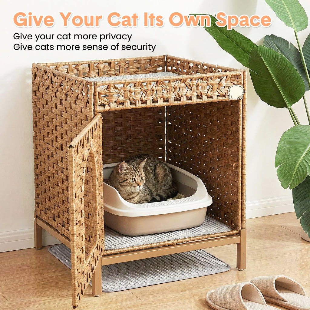 Garvee Cat Litter Box Enclosure Hidden Litter Box Furniture with Metal Heightened Feet, Rattan Handwoven Cat House with Litter Mat, Hidden Litter Box Furniture for Bedroom Living Room, Natural