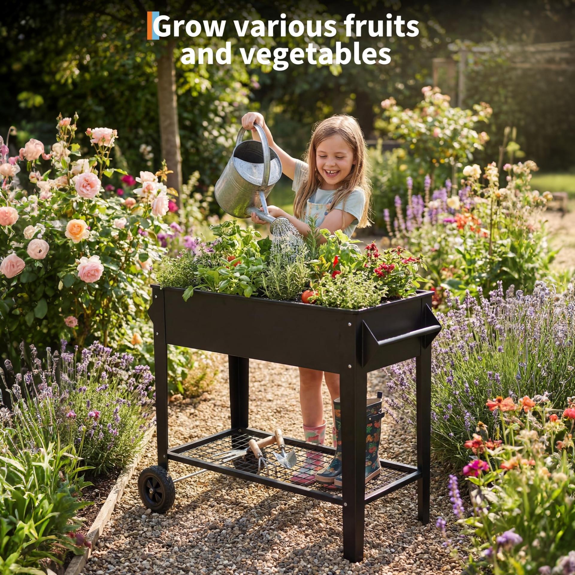 Garvee 40" x 32" x 15.3" Black Raised Garden Bed with Wheels & Storage Shelf, 400 lb Capacity Anti-Rust Steel Elevated Planter Box with Drainage Holes for Vegetables, Herbs, Flowers, Patio, Balcony & Backyard