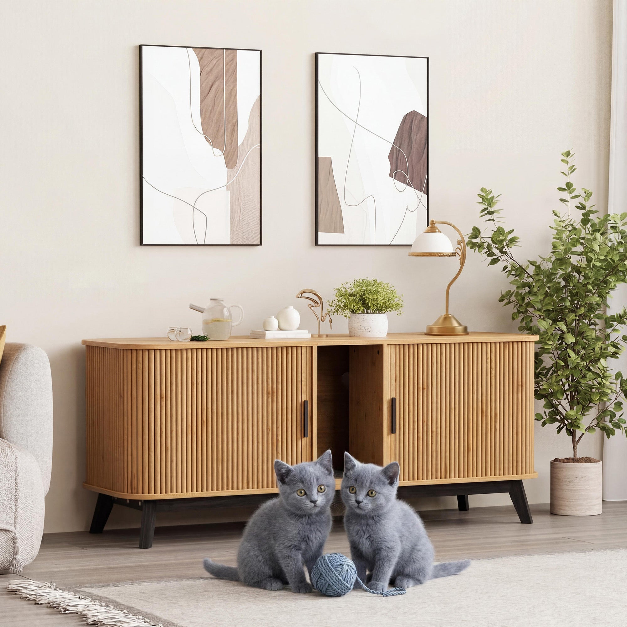 Garvee Multi-Functional Cat Litter Box Enclosure for 2 Cats, 59" Large Wooden Pet House - Hidden Litter Box Furniture - Sliding Door Access - Cat Litter Mat Included - TV Stand Side Table - Color: Natural Wood