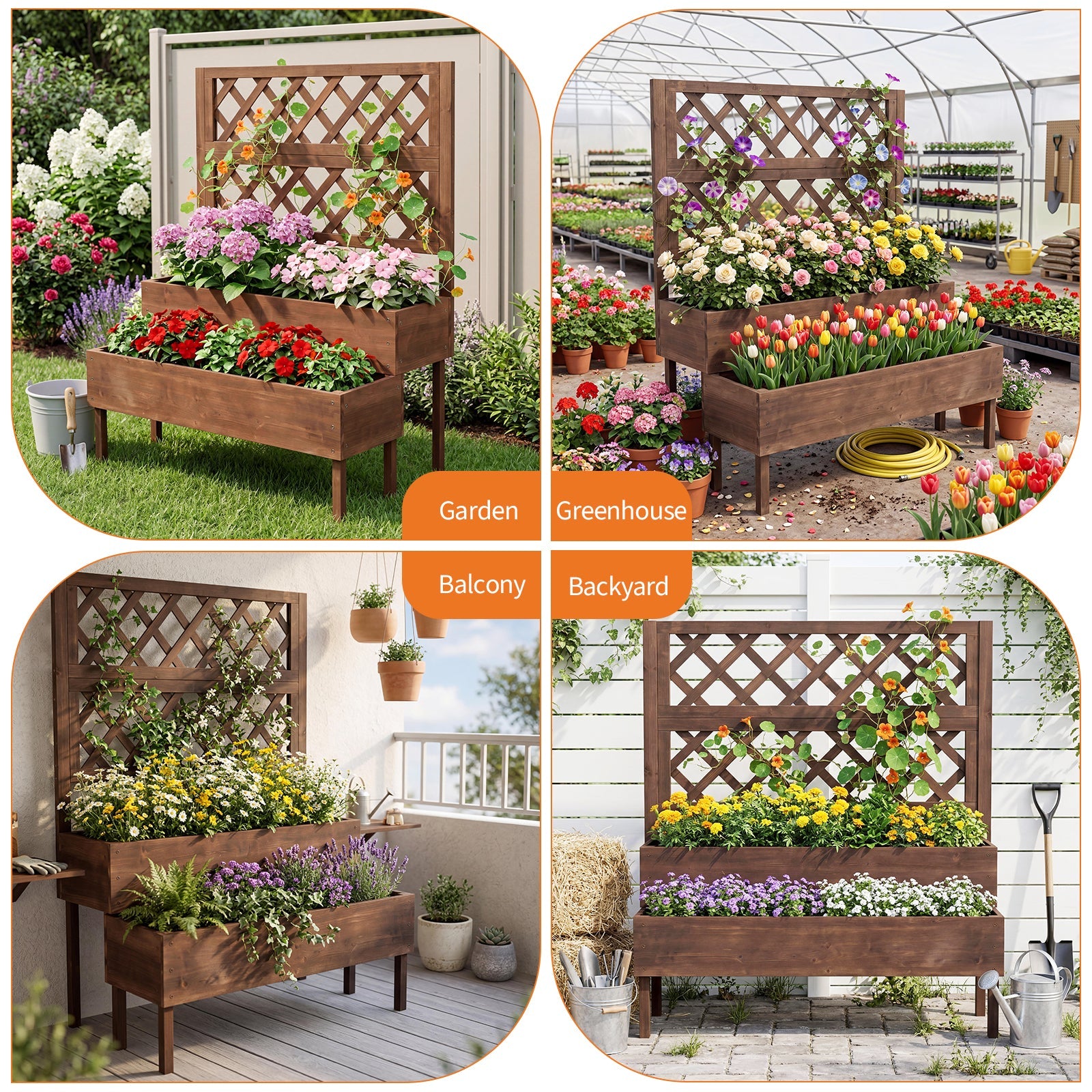 Garvee 2-Tier Wooden Raised Garden Bed with Trellis & Legs, 42" x 22" x 53" Elevated Planter Box with Drainage Holes for Climbing Plants, Vegetables, Herbs & Flowers, Brown