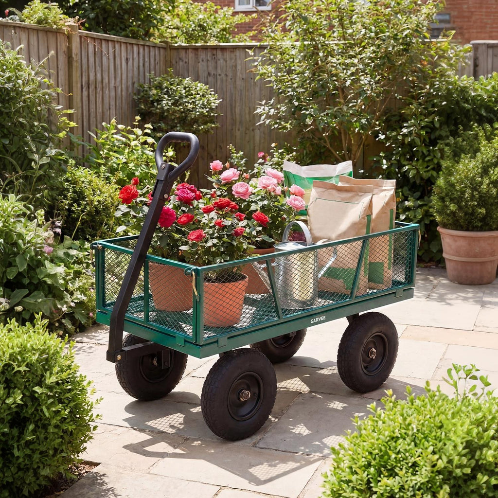 Garvee 1200 lb Heavy-Duty Steel Garden Cart, All-Terrain Utility Wagon with 13" Pneumatic Tires, Removable Mesh Sides, 180° Rotating Handle & Flatbed Design for Lawn, Yard, Farm, Landscaping, Green