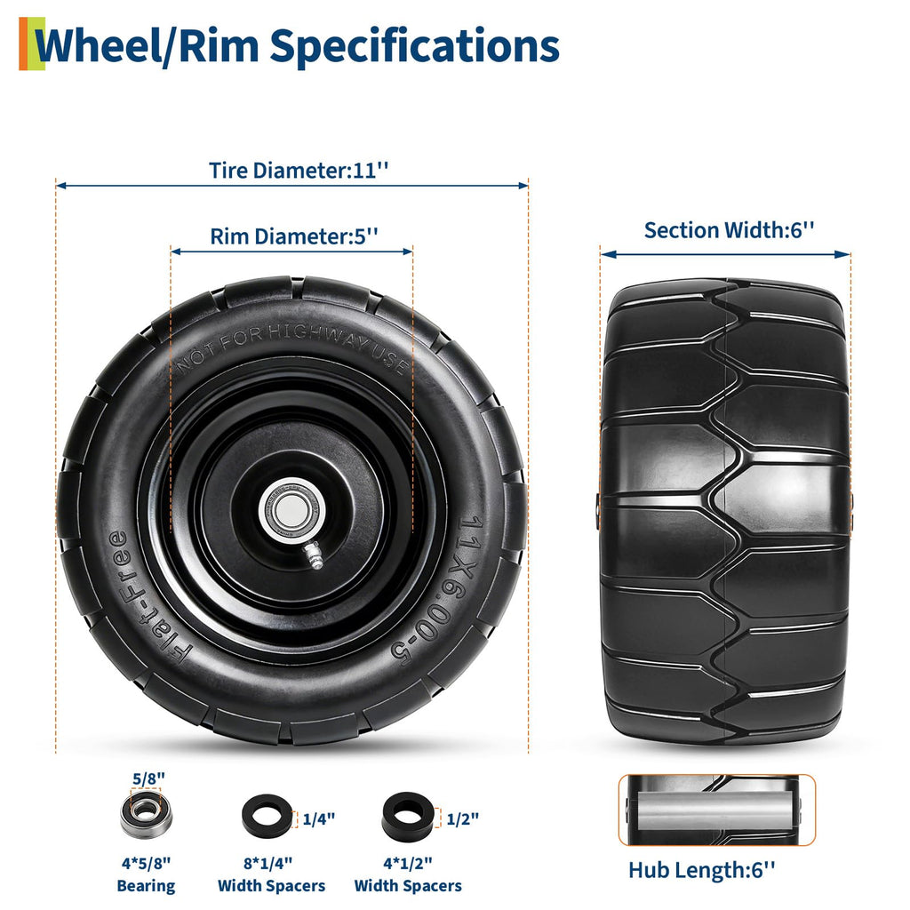 Garvee 2 Pack 11x6.00-5 Flat Free Lawn Mower Tire and Wheel, 353 lbs Load, Polyurethane, Puncture-Proof, 3/4" & 5/8" Bushings, Push Mowers & Garden Carts