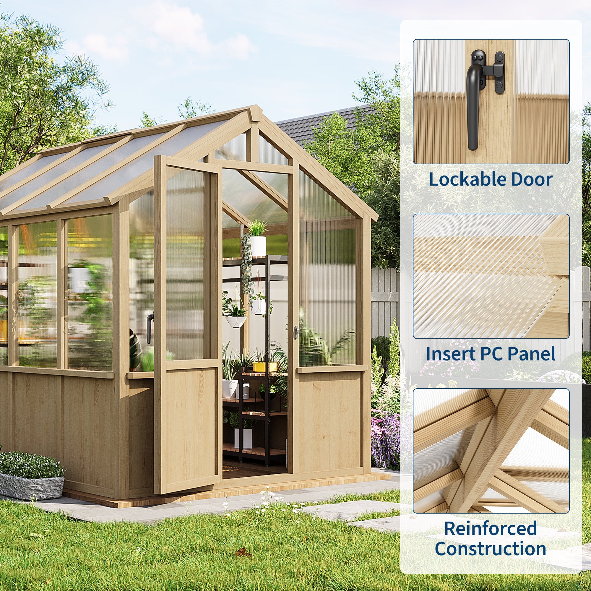Garvee 6x8 FT Walk-In Wooden Greenhouse for Outdoors – Heavy Duty Spruce Frame, PC Panels, Adjustable Roof Vents, Lockable Door – Large Outdoor Storage for Garden, Patio, Lawn – 6x8 Natural Wood Color