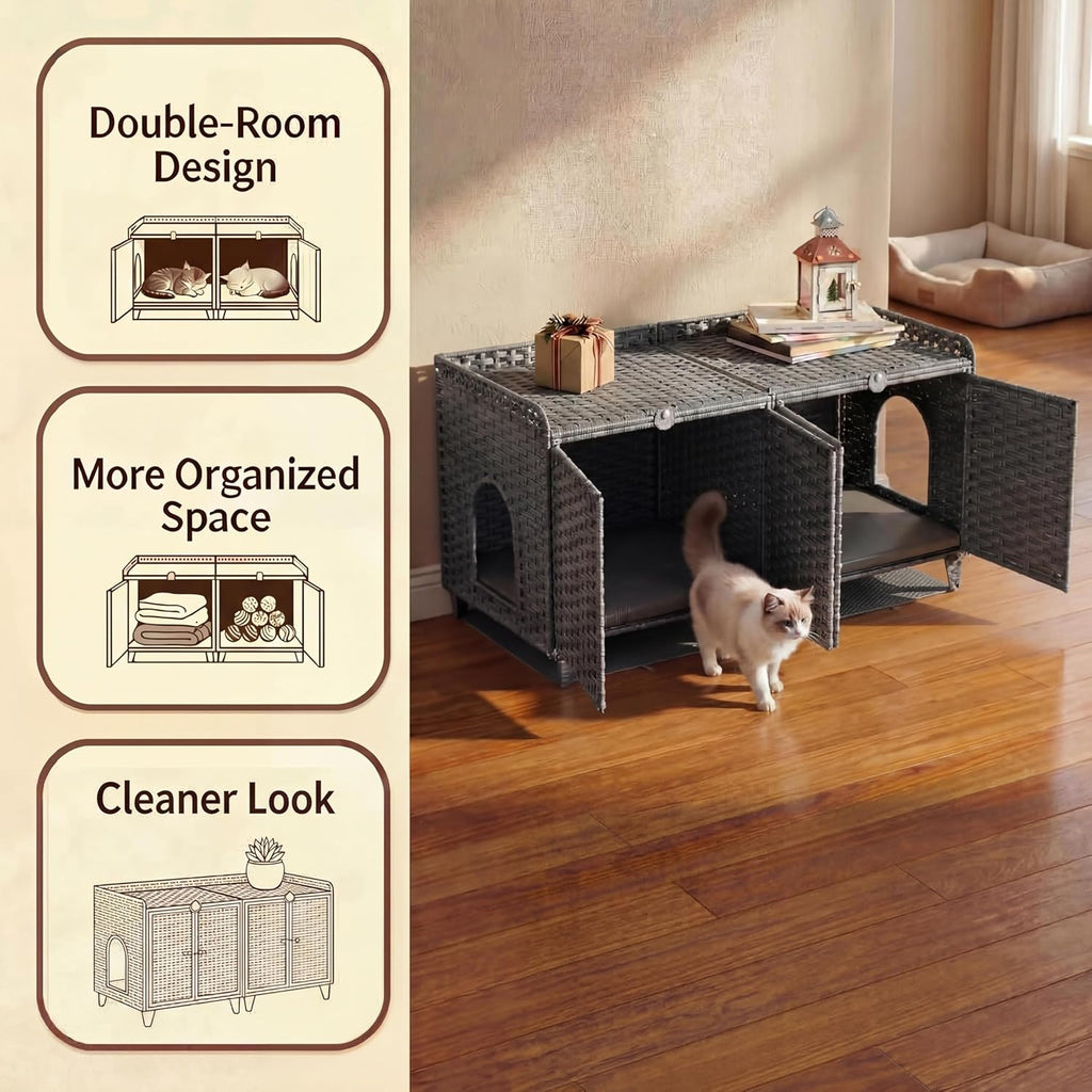 Garvee Double Litter Box Enclosure Furniture, Handwoven Rattan Litter Box Furniture for 2 Cats with Washable Litters Mat & 2 Hooks, Hidden Kitty Cat House for Living Room/Bedroom, Gray