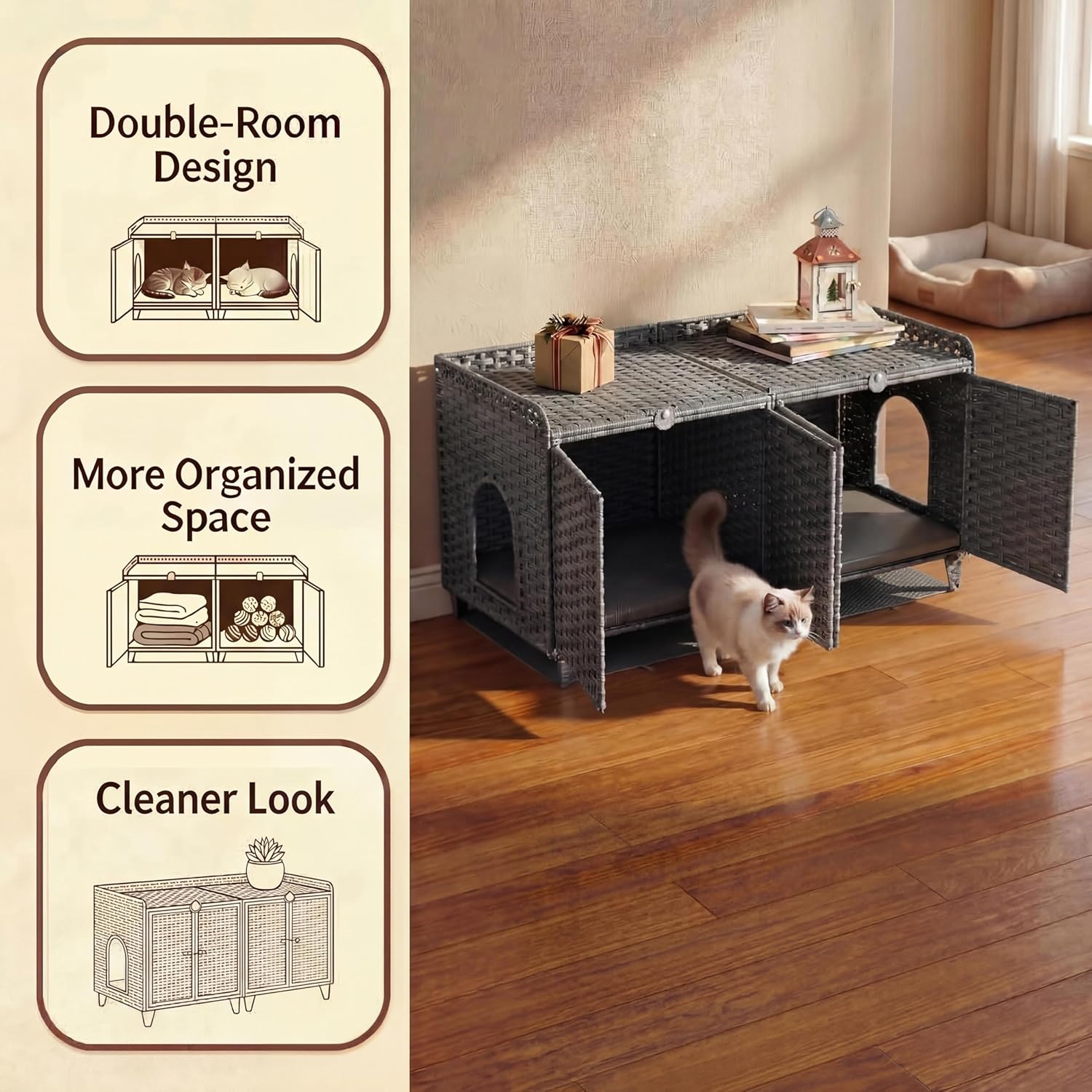 Garvee Double Litter Box Enclosure Furniture, Handwoven Rattan Litter Box Furniture for 2 Cats with Washable Litters Mat & 2 Hooks, Hidden Kitty Cat House for Living Room/Bedroom, Gray