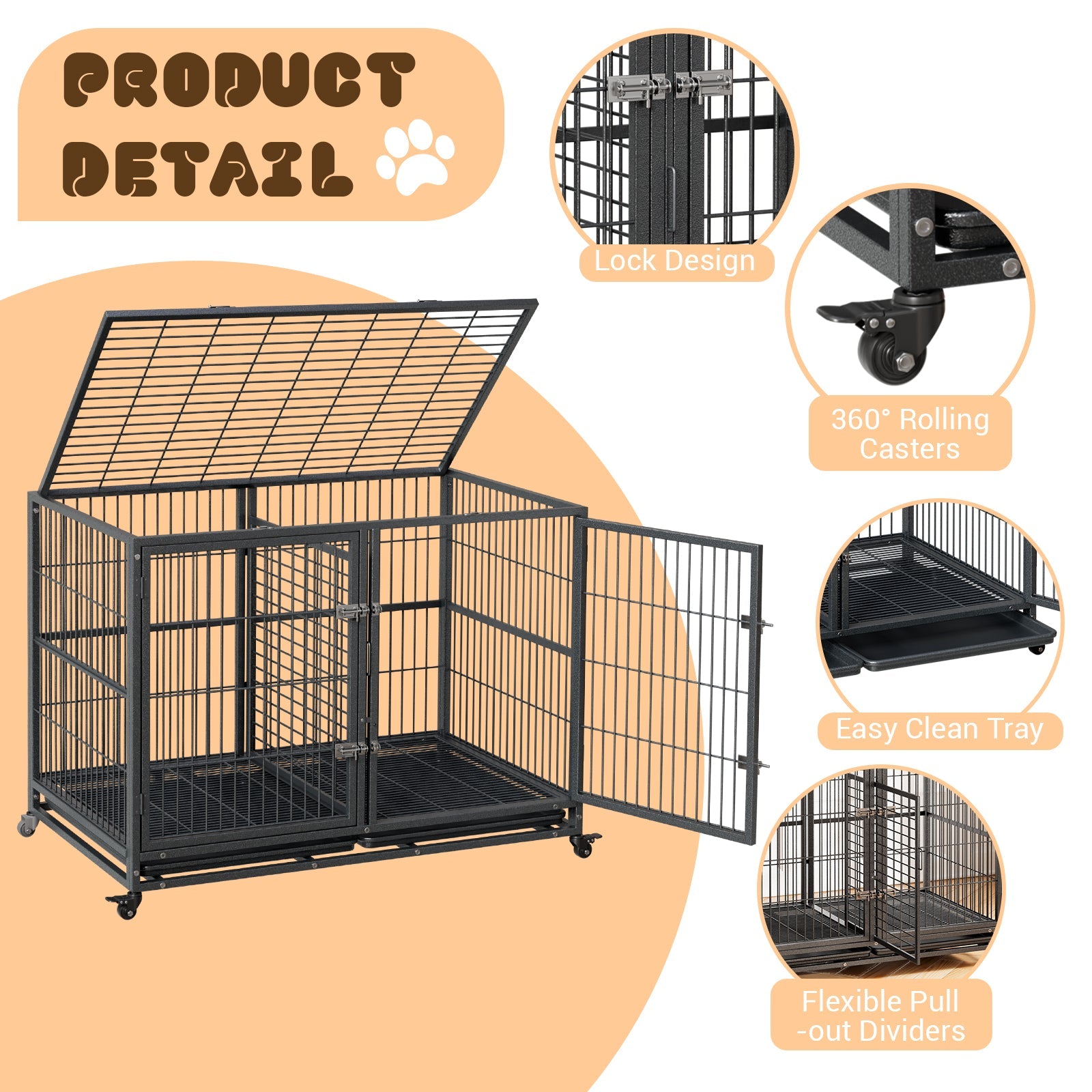 Garvee Heavy Duty Dog Crate, 48 Inch Dog Crate with Double Door, 360° Lockable Wheels and Removable Tray, Easy to Assembly, Indoor Outdoor Dog Cage for Small Medium Large Dogs