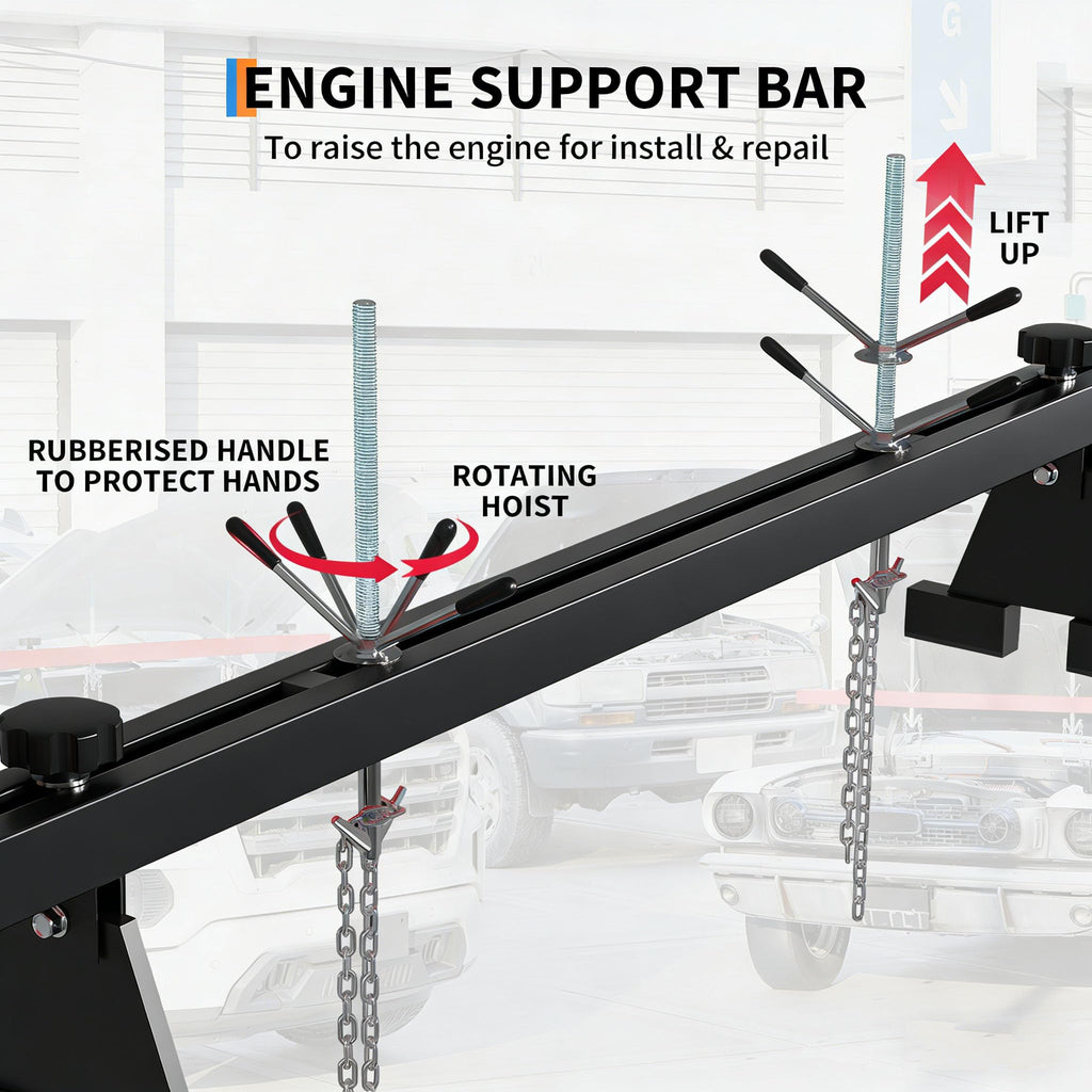 Garvee Engine Support Bar – 1100 lbs Heavy Duty Engine Hoist with Dual Hooks – 2 Point Lift Holder for Engine Removal & Repair – Perfect for Home Garage & Auto Workshop – 1.5m Load Equalizing Device Unit, Black, Includes a Pair of Gloves