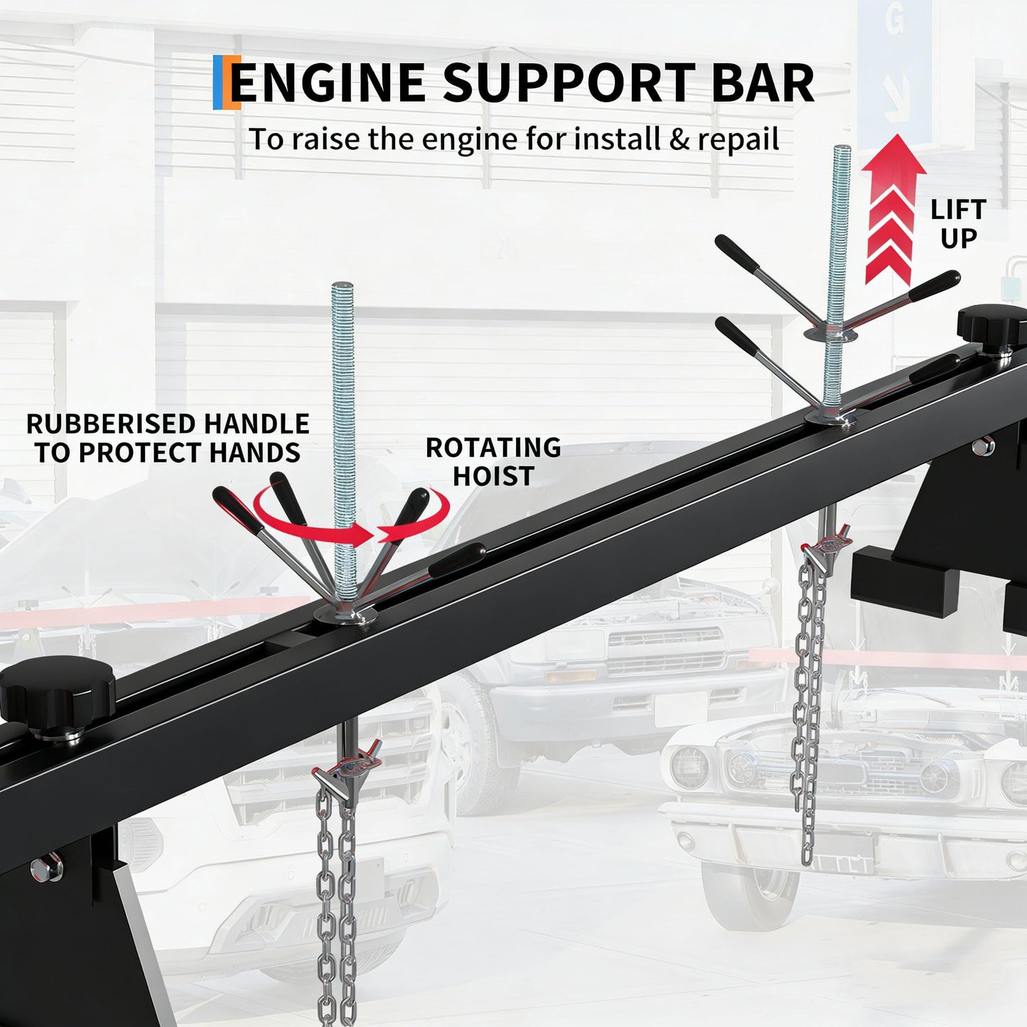 Garvee Engine Support Bar – 1100 lbs Heavy Duty Engine Hoist with Dual Hooks – 2 Point Lift Holder for Engine Removal & Repair – Perfect for Home Garage & Auto Workshop – 1.5m Load Equalizing Device Unit, Black, Includes a Pair of Gloves