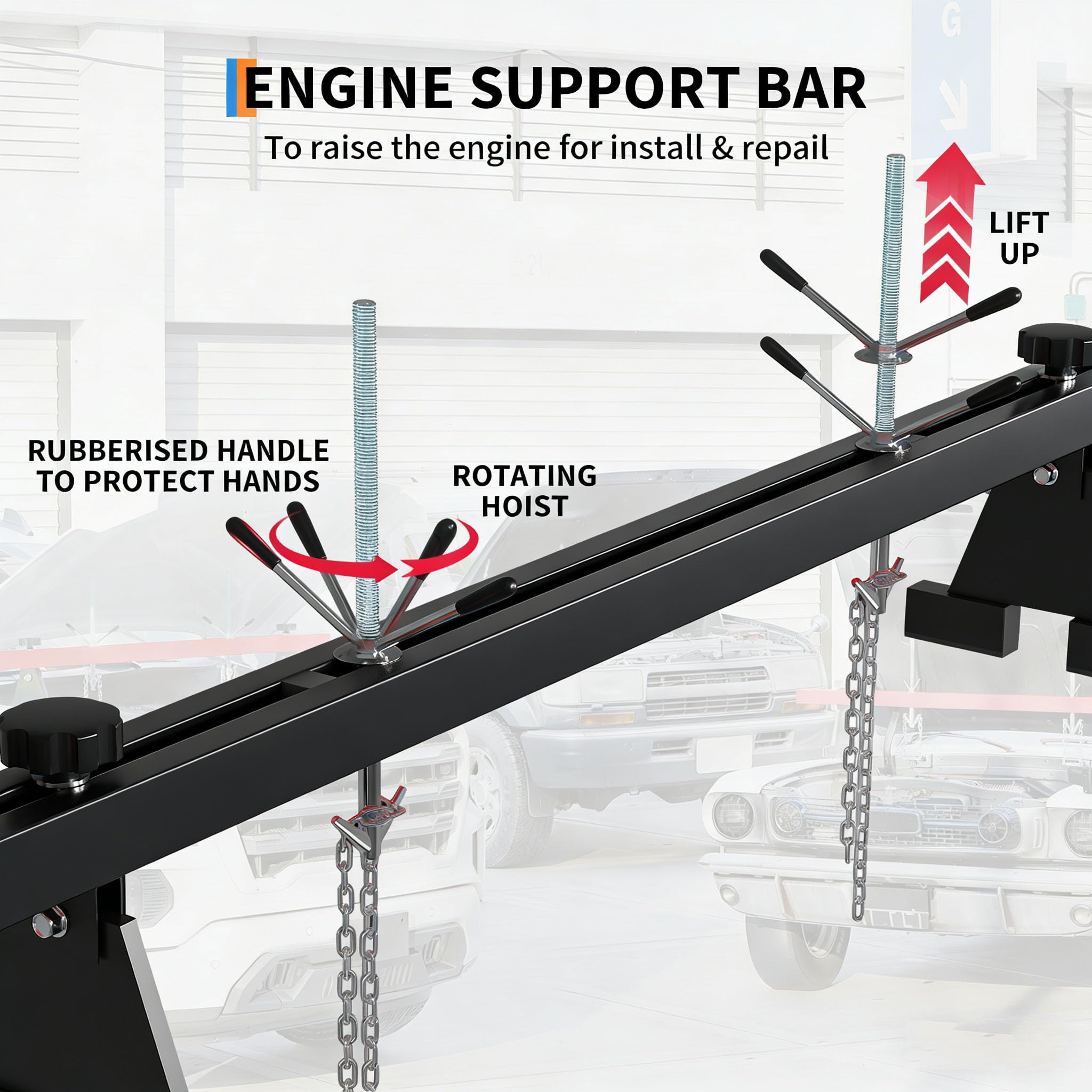 Garvee Engine Support Bar – 1100 lbs Heavy Duty Engine Hoist with Dual Hooks – 2 Point Lift Holder for Engine Removal & Repair – Perfect for Home Garage & Auto Workshop – 1.5m Load Equalizing Device Unit, Black, Includes a Pair of Gloves