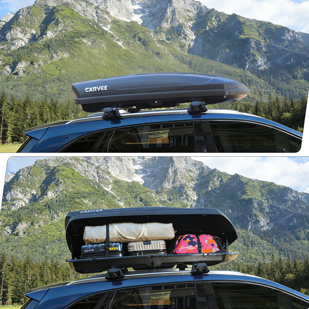 Garvee 13.5 Cubic Feet Rooftop Cargo Box, Hard Shell Roof Cargo Carrier with Dual-Side Opening, 135 lbs Capacity, Lockable ABS Storage for SUVs, Travel, and Camping