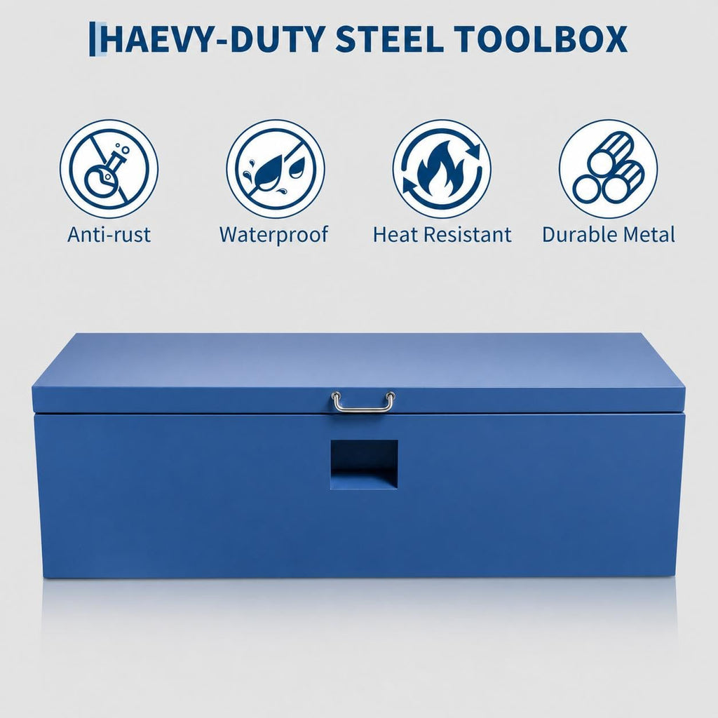 Garvee 42"X16"X14" Heavy Duty Lockable Steel Truck Bed Toolbox – Dual Lids, Weatherproof Powder-Coated, Front & Side Handles, Gas Struts for Pickup, RV, Trailer, Blue