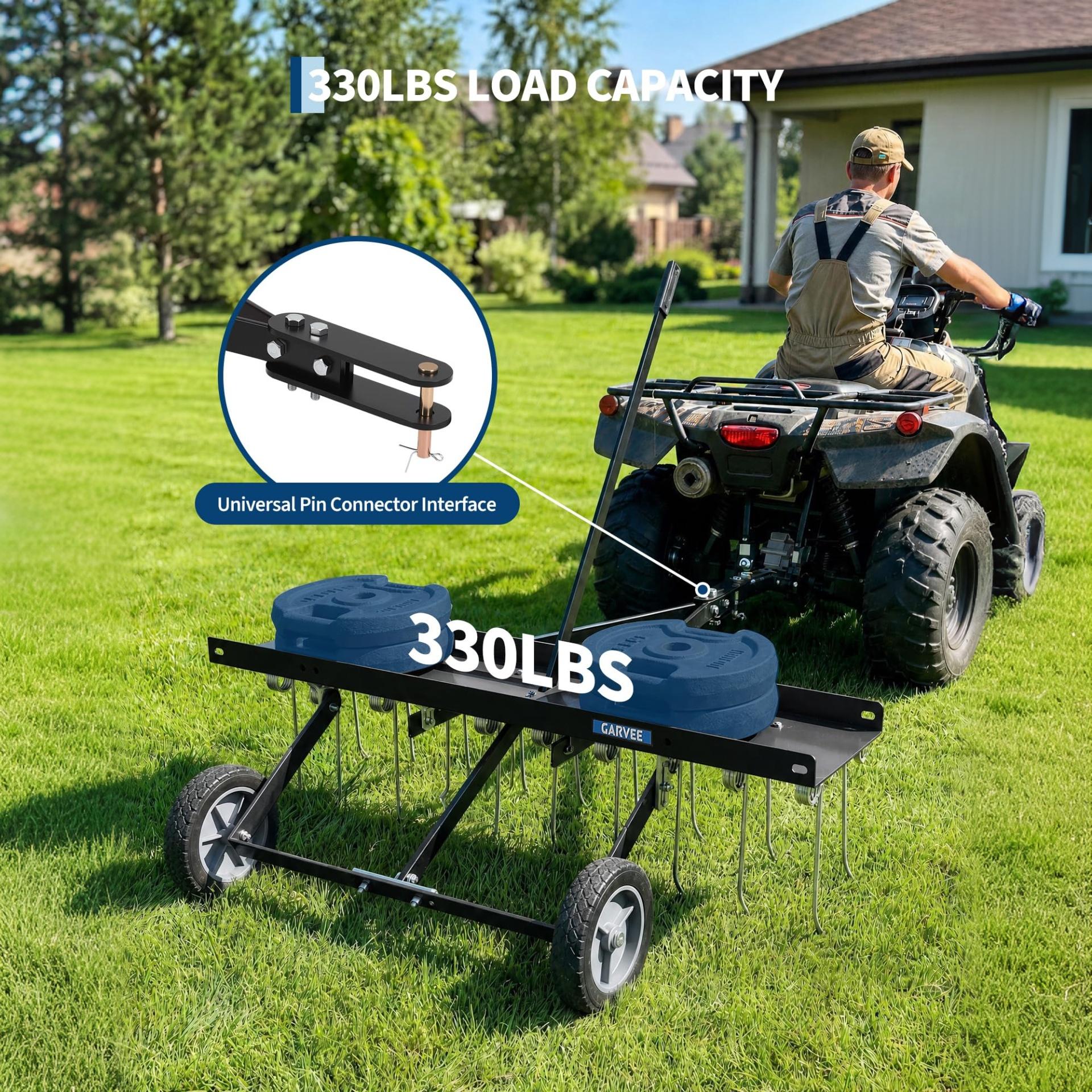 Garvee 40" Tow Behind Lawn Dethatcher, 20 Spring Steel Tines and Ballast Tray for Riding Mowers