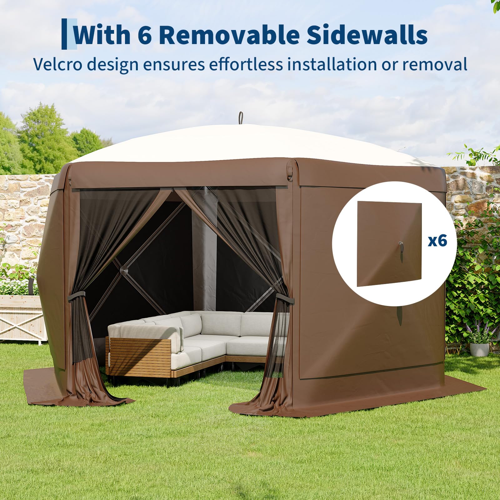 Garvee 13x13 ft Screen Tent with 6 Wind Panels - Instant Setup Outdoor Canopy, Wind & Rain Resistant Shelter with Full Mesh Walls for Camping, Backyard and Garden,Khaki