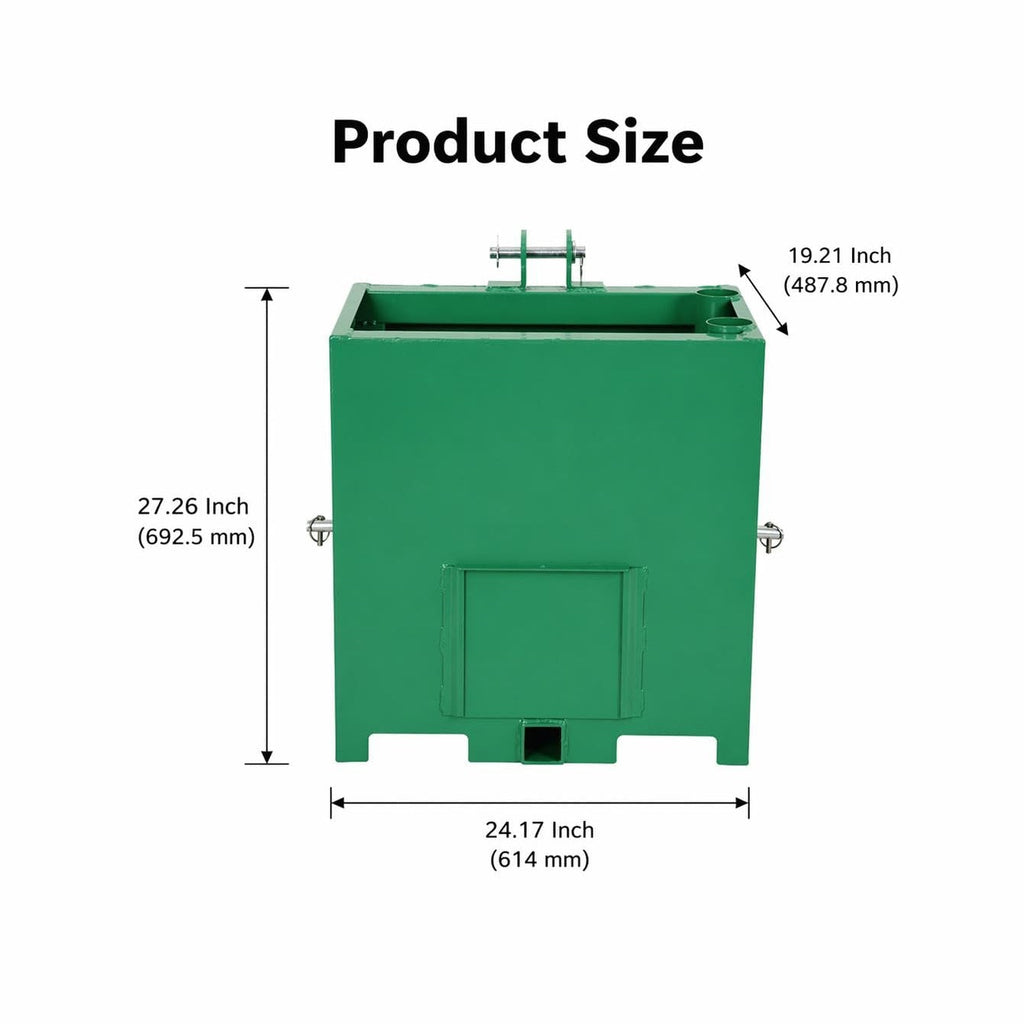 Garvee Heavy Duty Steel Tractor Ballast Box - 3 Point Hitch, Category 1 Compatible - Quick Hitch Receiver, Rear Counterweight Toolbox - Green - 800 lbs Capacity, 5.3 Cu.ft