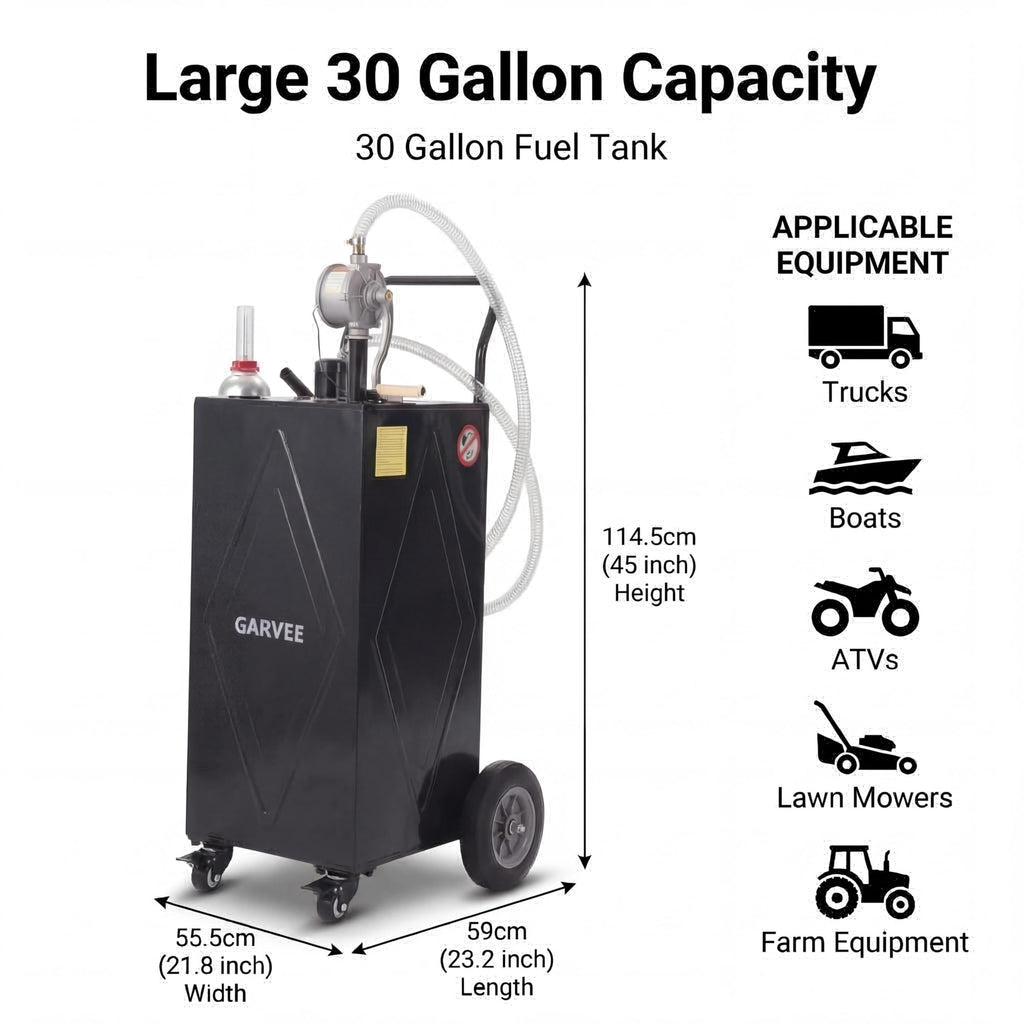 Garvee 30 Gallon Heavy Duty Steel Fuel Caddy – Manual Rotary Pump Gasoline & Fuel Injector Transfer Tank – Reinforced 4-Wheel Mobile Design – For Trucks, Boats, ATVs, Lawn Mowers, Farm, Construction Equipment – Black – Li Junjie