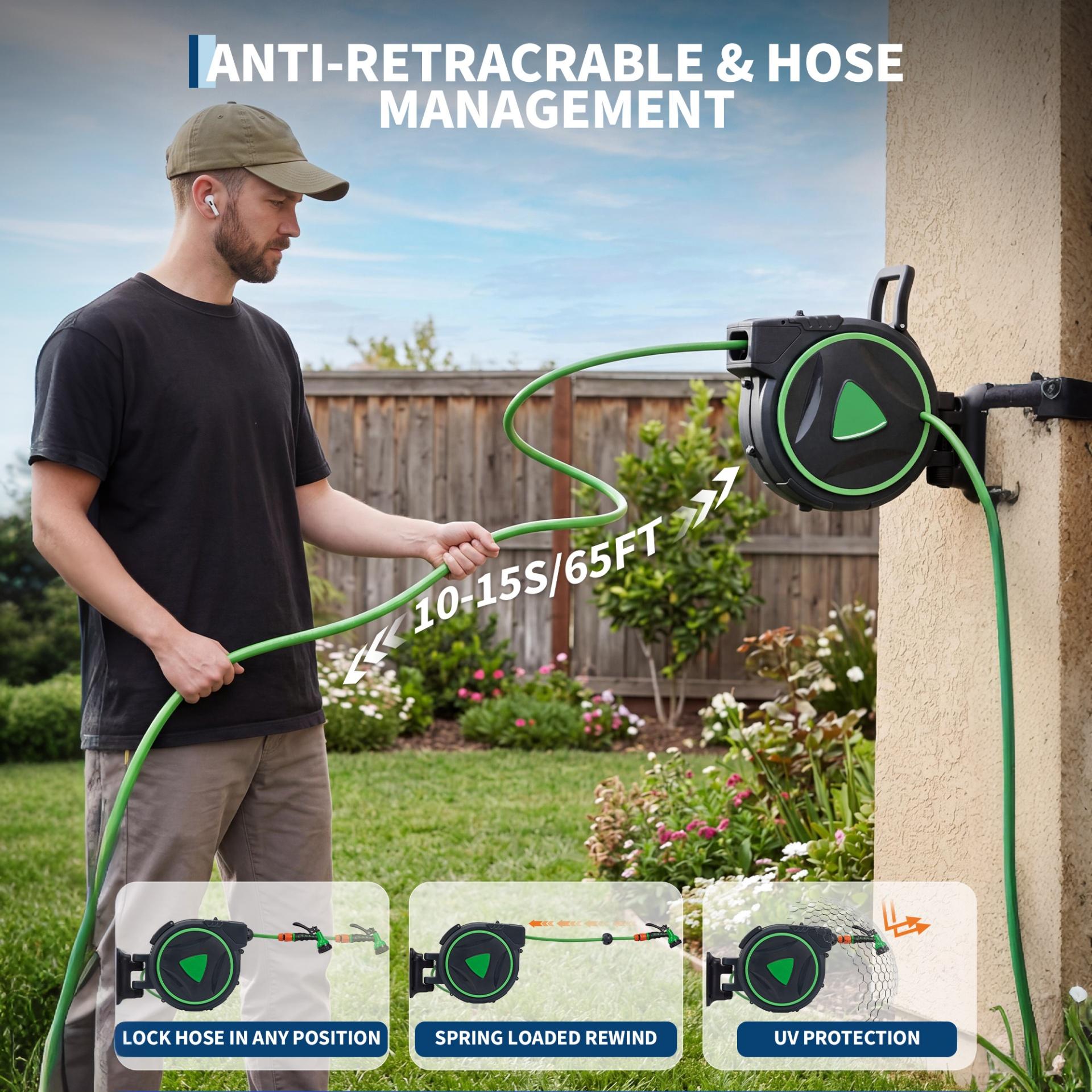 Garvee 1/2" x 65 FT Retractable Garden Hose Reel, Wall-Mounted Auto Rewind Water Hose Reel with Any-Length Lock & 180° Swivel Bracket