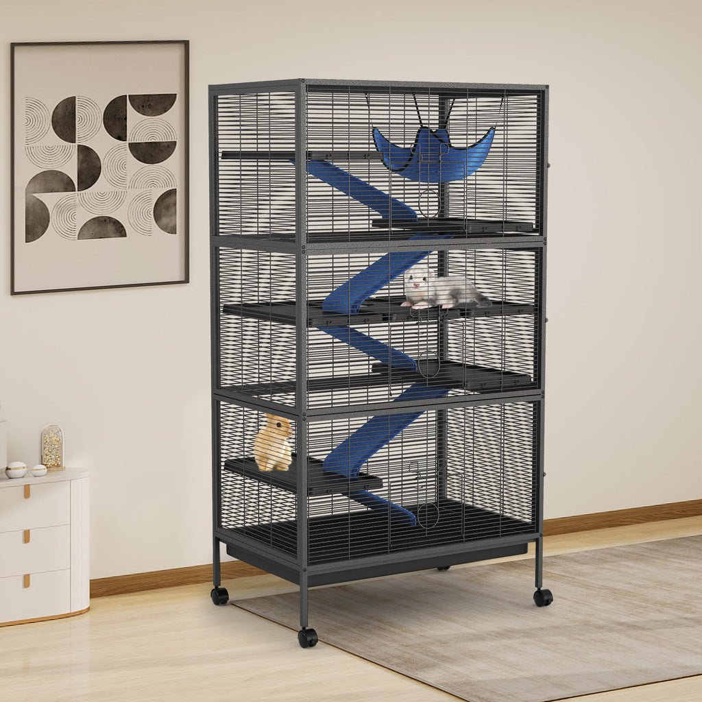 Garvee Spacious 6-Tier Metal Small Animal Cage - Lockable Double Doors, Fleece Ramps, Hammock, Rolling Wheels - Heavy-Duty Enclosure for Ferrets, Chinchillas, Guinea Pigs, Rabbits, Small Pets - Black