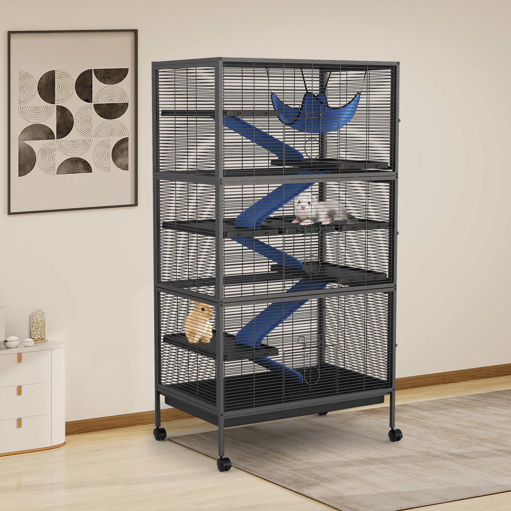 Garvee Spacious 6-Tier Metal Small Animal Cage - Lockable Double Doors, Fleece Ramps, Hammock, Rolling Wheels - Heavy-Duty Enclosure for Ferrets, Chinchillas, Guinea Pigs, Rabbits, Small Pets - Black