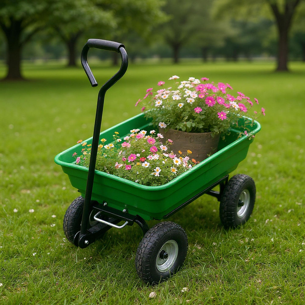 Garvee Garden Wheelbarrow Cart, 4-Wheel Green Utility Wagon with Built-In Stand for Yard Work, Planting and Home Outdoor Transport