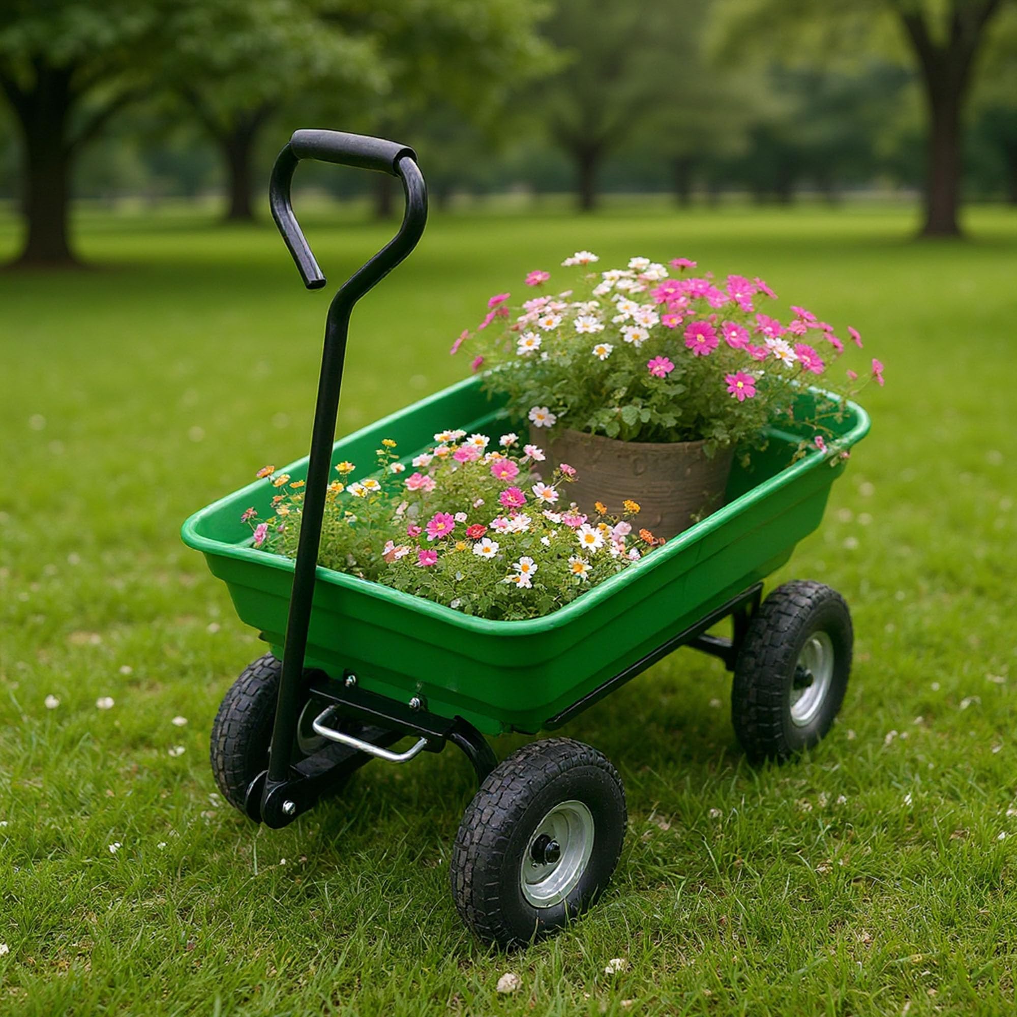 Garvee Garden Wheelbarrow Cart, 4-Wheel Green Utility Wagon with Built-In Stand for Yard Work, Planting and Home Outdoor Transport