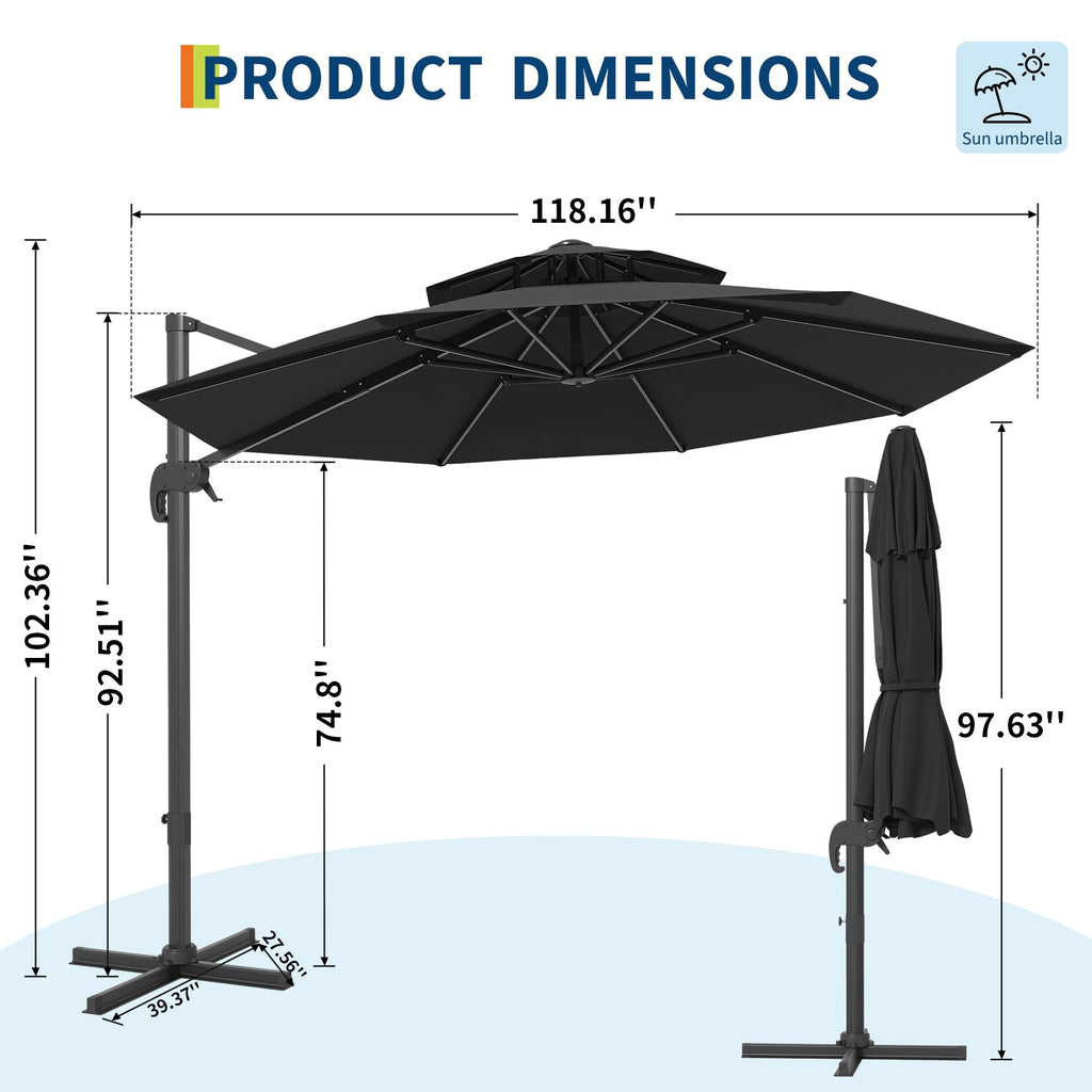 Garvee 10FT Offset Cantilever Patio Umbrella – 360° Rotation, Easy Tilt, UV Protection, Fade-Resistant Polyester – Large Outdoor Sun Shade Parasol for Pool, Deck, Garden, Backyard, Black
