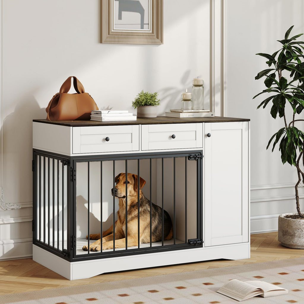 Garvee Farmhouse Dog Crate Furniture, 47" Modern Indoor Kennel with Double Doors, TV Stand & Buffet Cabinet, Dog Cage End Table with 2 Drawers & Storage for Small & Medium Dogs