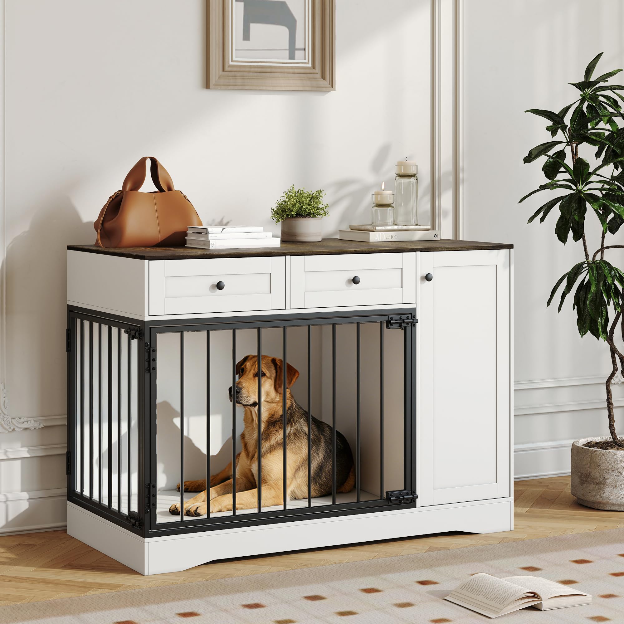 Garvee Farmhouse Dog Crate Furniture, 47" Modern Indoor Kennel with Double Doors, TV Stand & Buffet Cabinet, Dog Cage End Table with 2 Drawers & Storage for Small & Medium Dogs
