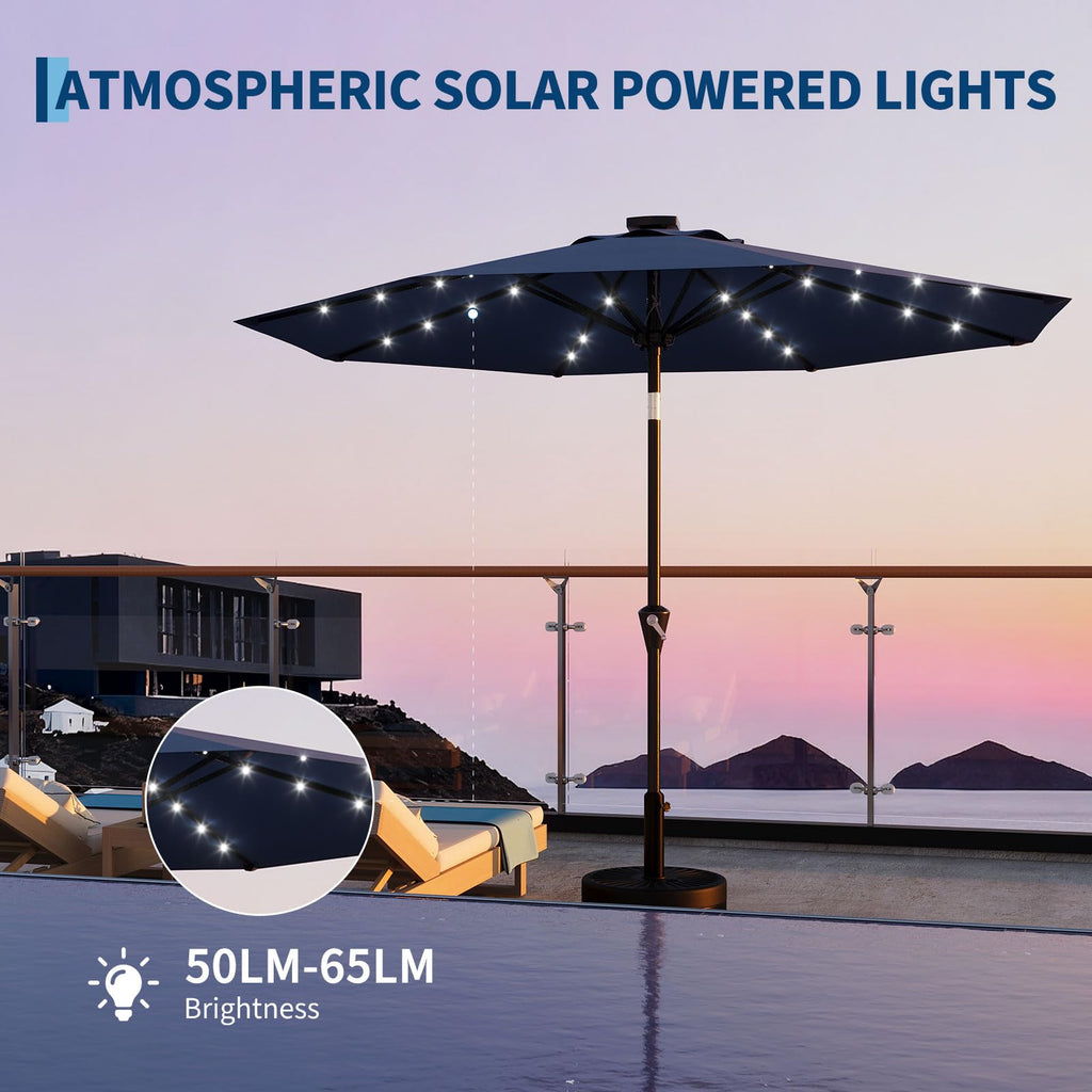 Garvee 9FT Solar LED Patio Umbrella, Waterproof Outdoor Market Table Umbrella with 8 Ribs, Crank Lift, Push Button Tilt, UV Protection for Garden, Pool & Deck, Navy Blue