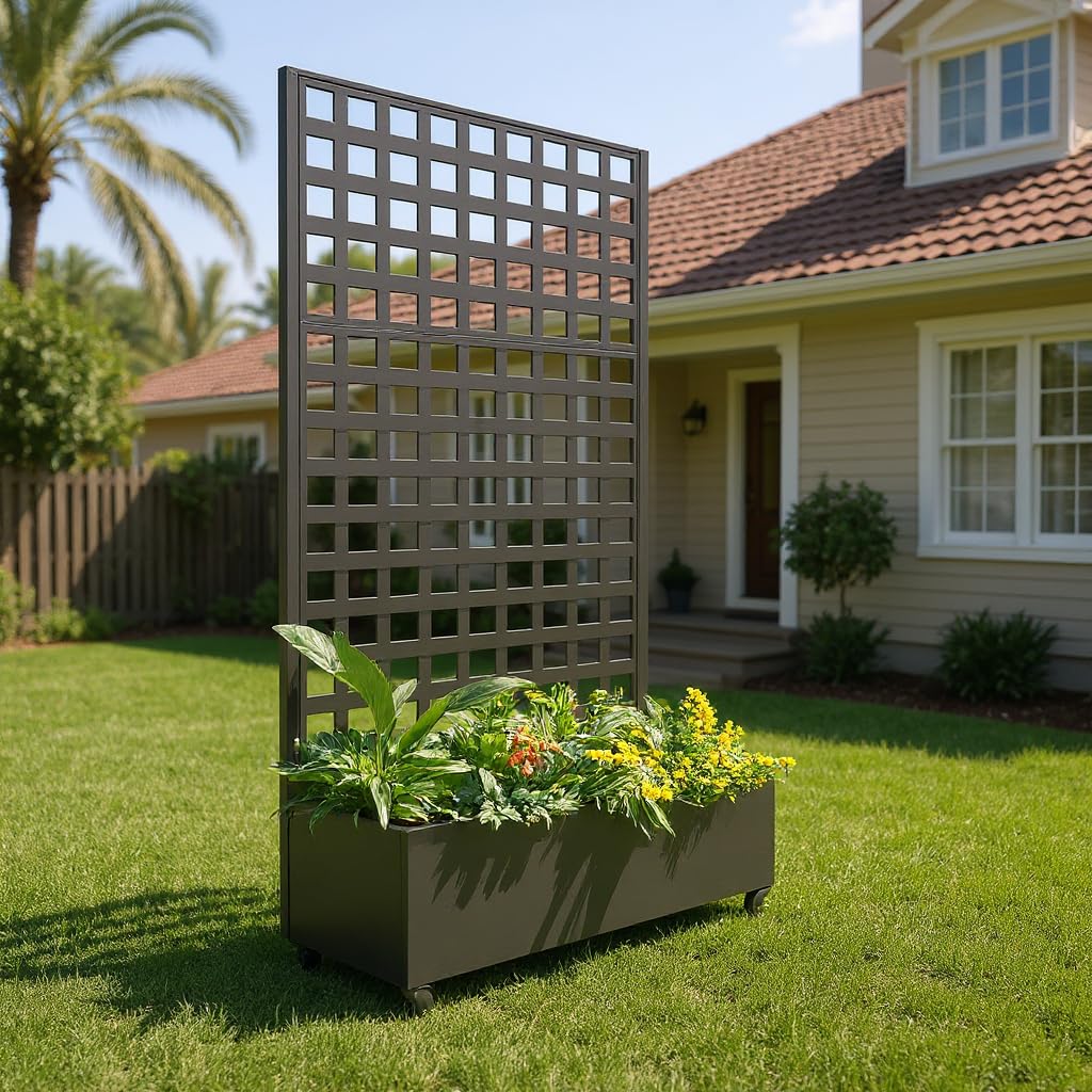 Garvee Galvanized Metal Raised Garden Bed with Square Lattice Trellis and Wheels – Outdoor Planter Box for Climbing Plants, Vines, Vegetables – Privacy Screen, Drainage Holes – Black – Size: Large