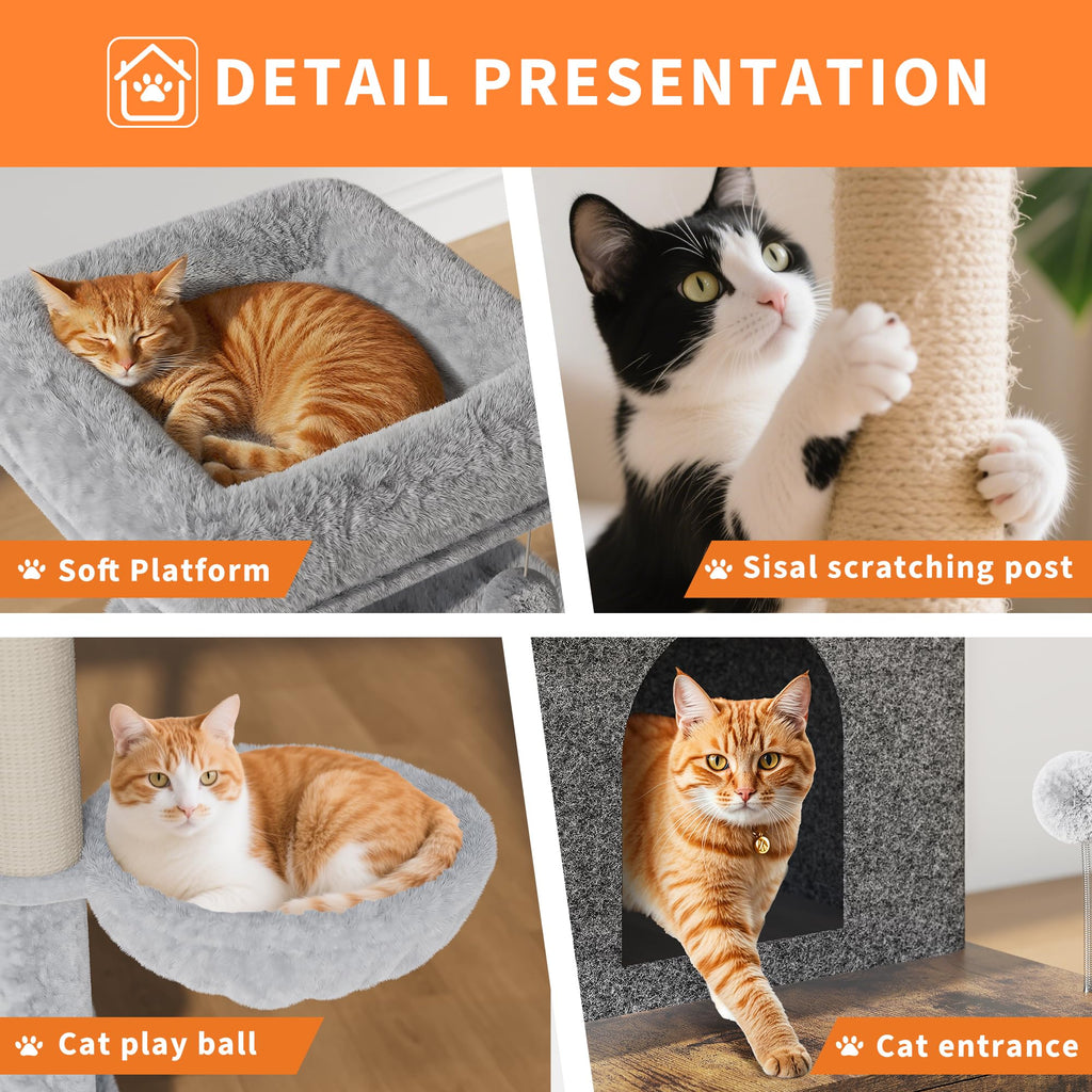 Garvee Litter Box Enclosure with Cat Tree, 2 in-1 Modern Cat Tower, Hidden Washroom Furniture, Wood Cat Condo with Scratching Post and Hammock, Indoor Pet Furniture with Multiple Platform, Retro Brown
