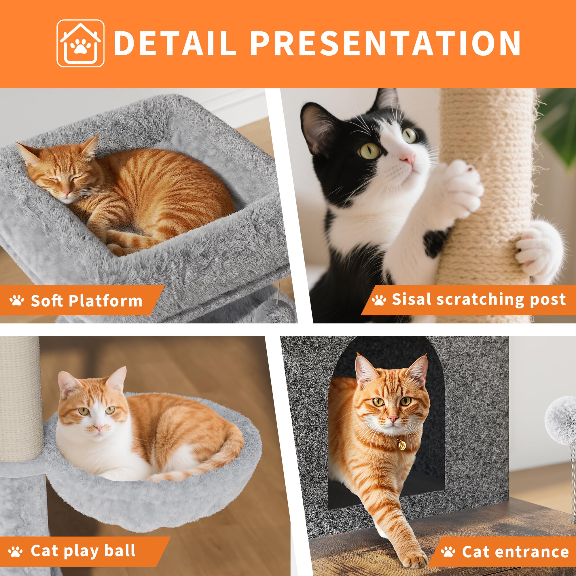 Garvee Litter Box Enclosure with Cat Tree, 2 in-1 Modern Cat Tower, Hidden Washroom Furniture, Wood Cat Condo with Scratching Post and Hammock, Indoor Pet Furniture with Multiple Platform, Retro Brown
