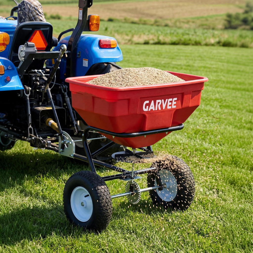 Garvee 130 lb Tow-Behind Broadcast Spreader, Heavy-Duty Lawn & Garden Spreader with 0–12 ft Coverage, Universal Hitch, 13" Pneumatic Tires & 20-Level Flow Control for ATV, UTV & Riding Mower, Red
