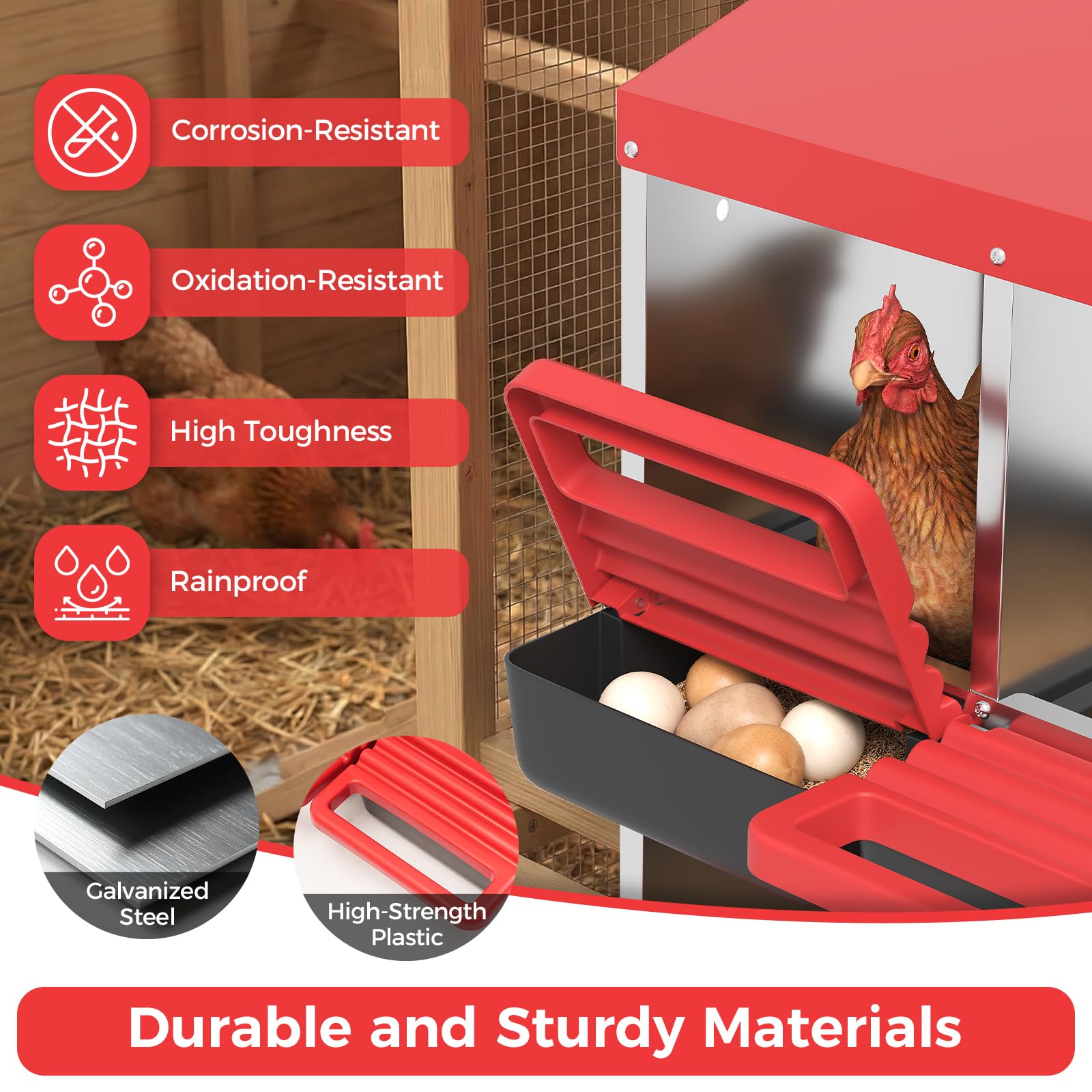 Garvee 8-Hole Chicken Nesting Box Metal Coop with Roll-Away Egg Collection & Ventilation Holes Galvanized Steel Removable Lid Red for Backyard Hens