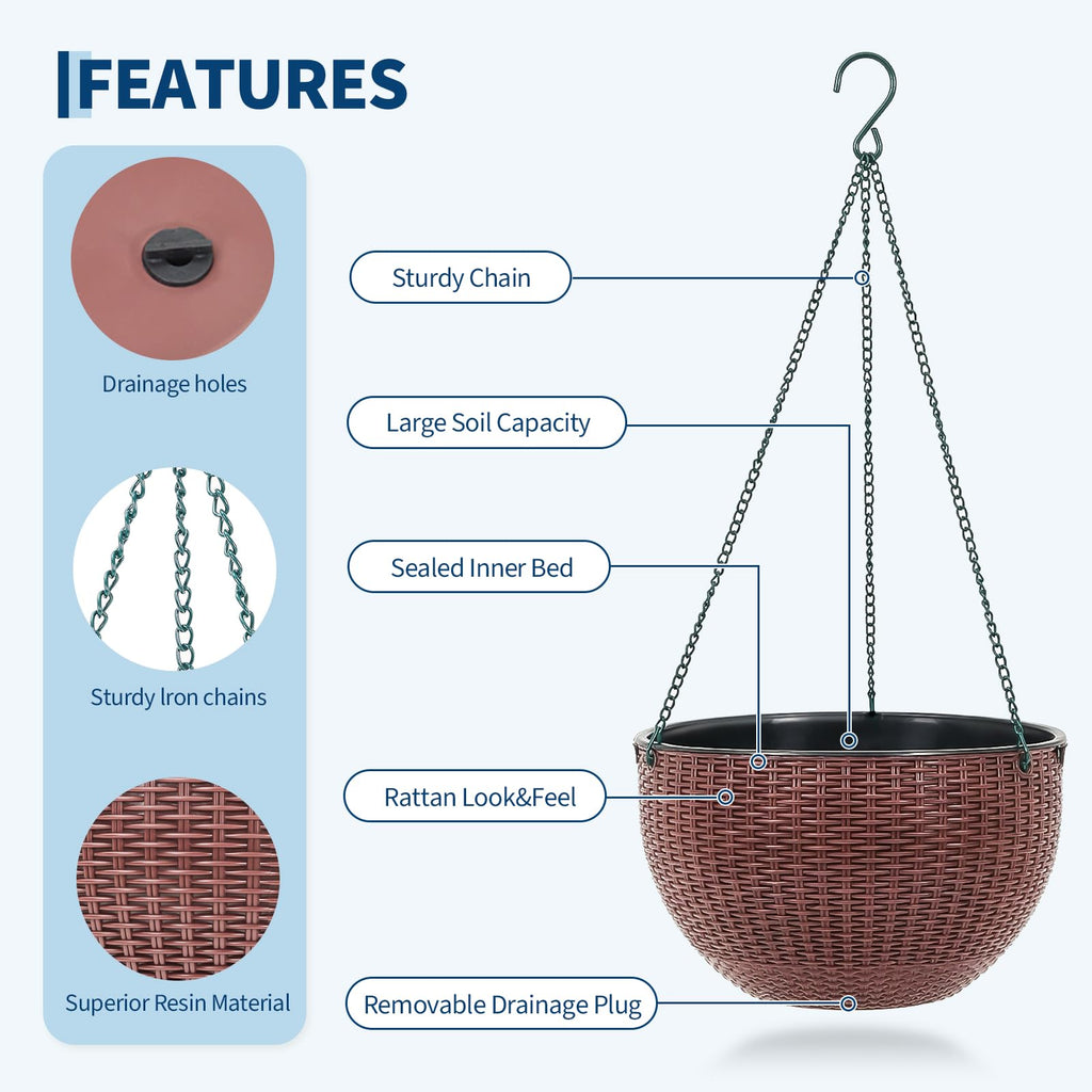 Garvee Self-Watering Hanging Planters for Indoor & Outdoor Plants, 4-Pack 13.8 in Resin Baskets with Rattan Look, Drainage Plugs and Triple-Chain Hangers