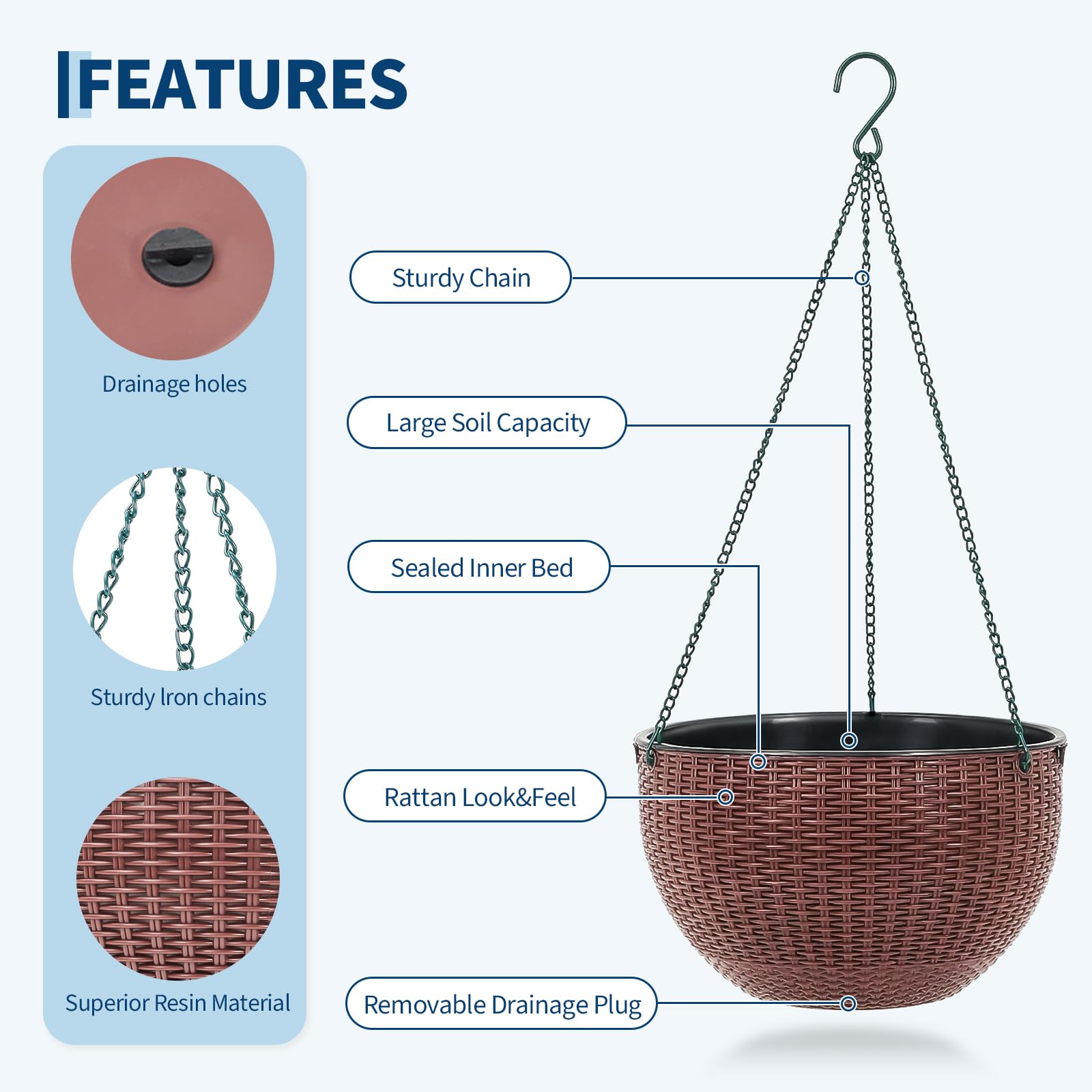 Garvee Self-Watering Hanging Planters for Indoor & Outdoor Plants, 4-Pack 13.8 in Resin Baskets with Rattan Look, Drainage Plugs and Triple-Chain Hangers