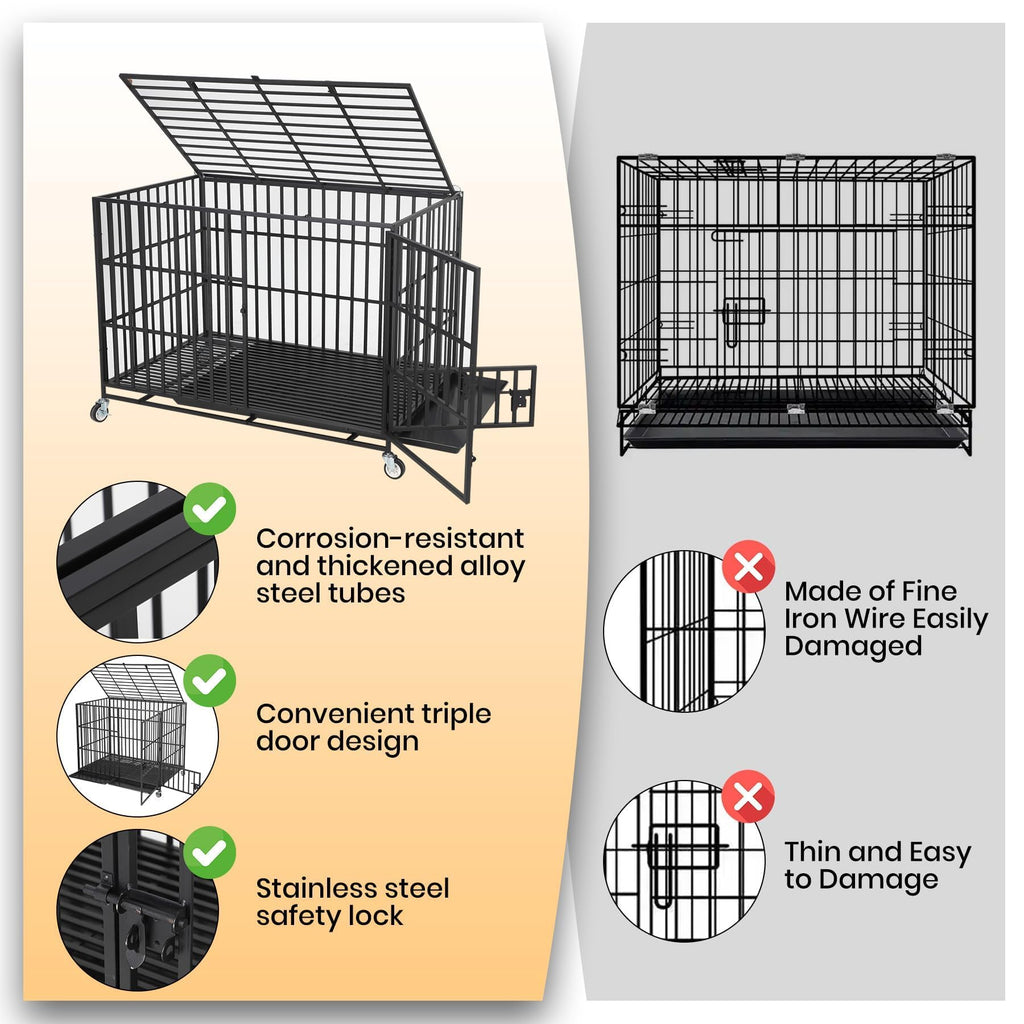 Garvee Heavy Duty Escape-Proof Dog Crate 49", Indestructible Metal Dog Kennel for Large Dogs, 3-Door Locking Design, Removable Tray & Wheels, Indoor Cage, Black