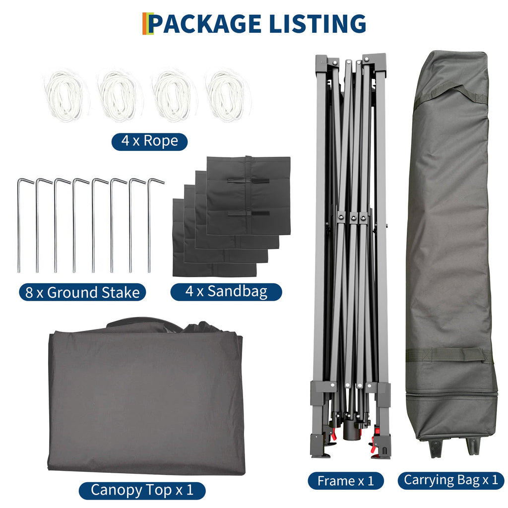 Garvee Pop Up Canopy Tent for Parties and Outdoor Events, 10 × 10 FT One-Push Shelter with 4 Sandbags, 8 Stakes, 4 Ropes and Wheeled Bag, Gray